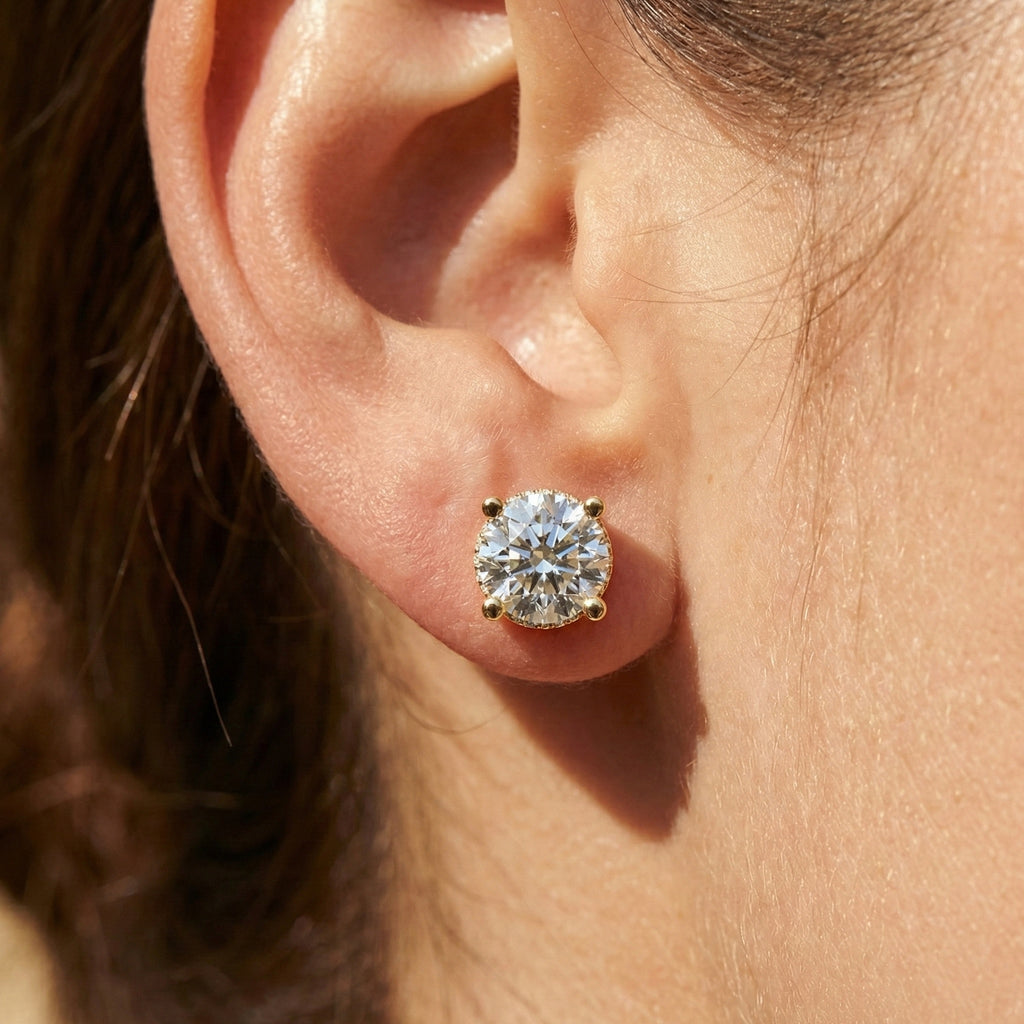 Morden Hidden Halo Wedding Stud Earrings in 14K Yellow Gold, 1.07 TCW Round Cut Lab Created Diamonds, Birthday Gift For Women, Handmade Jewelry