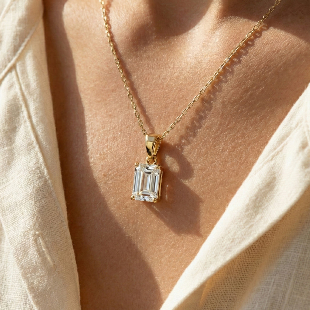 14K Rose Gold Solitaire Wedding Pendant, 1.75 CT Emerald Cut Lab Grown Diamond Solitaire Pendant, Wedding Gift for Her, Handmade Jewelry