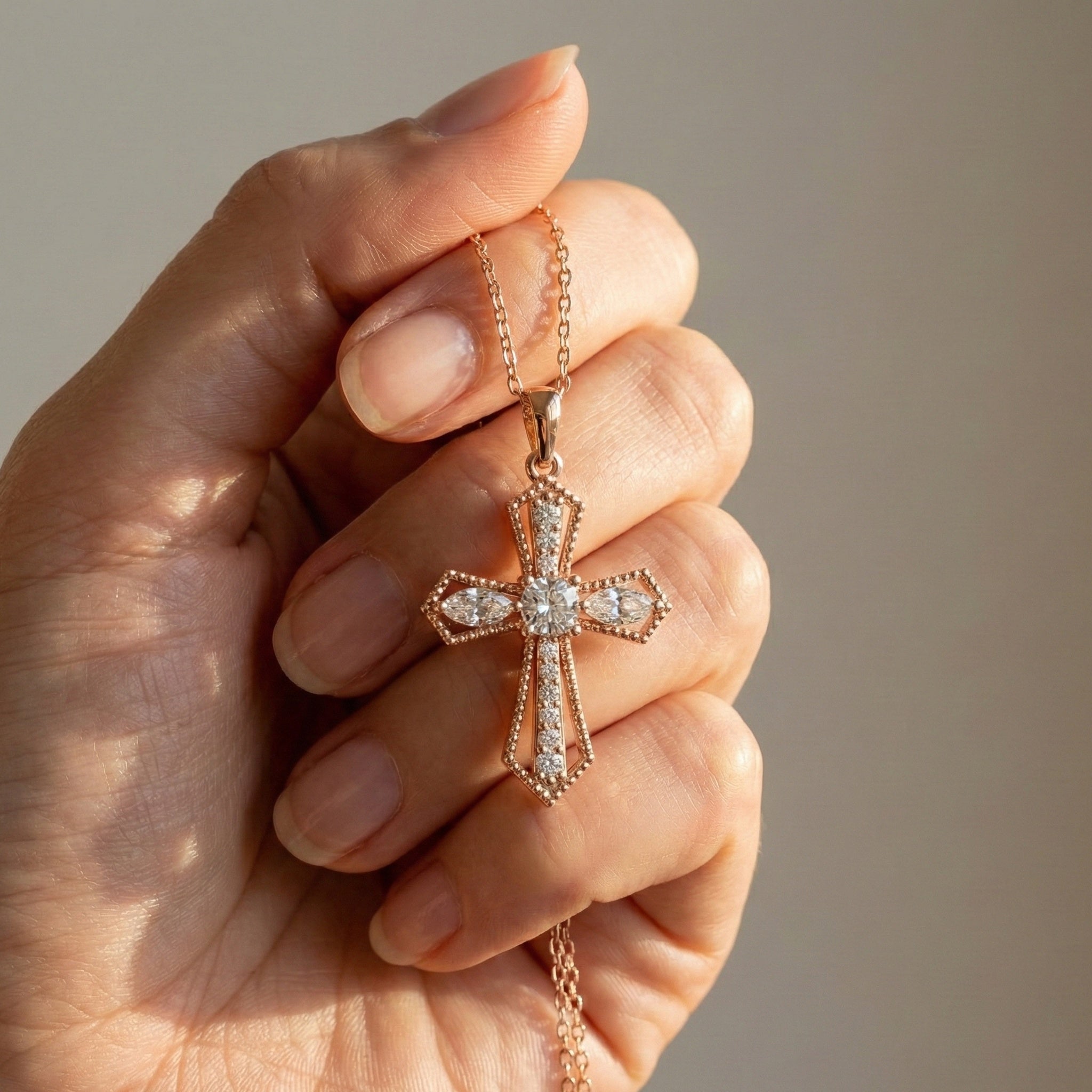 Elegant Milgrain Cross Pendant in 14K Solid Gold, 0.99 TCW Marquise/Round Cut Lab Created Diamonds, Faith Jewelry, Baptism Gift