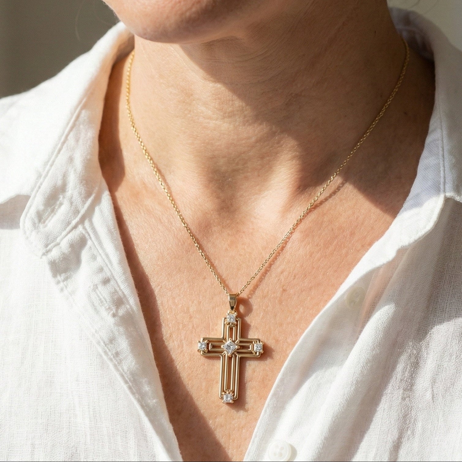 Elegant Layered Cross Pendant in 14K Solid Gold, 0.32 TCW Princess Cut Lab Grown Diamonds, Gift for Mom, Baptism, Bridal Jewelry