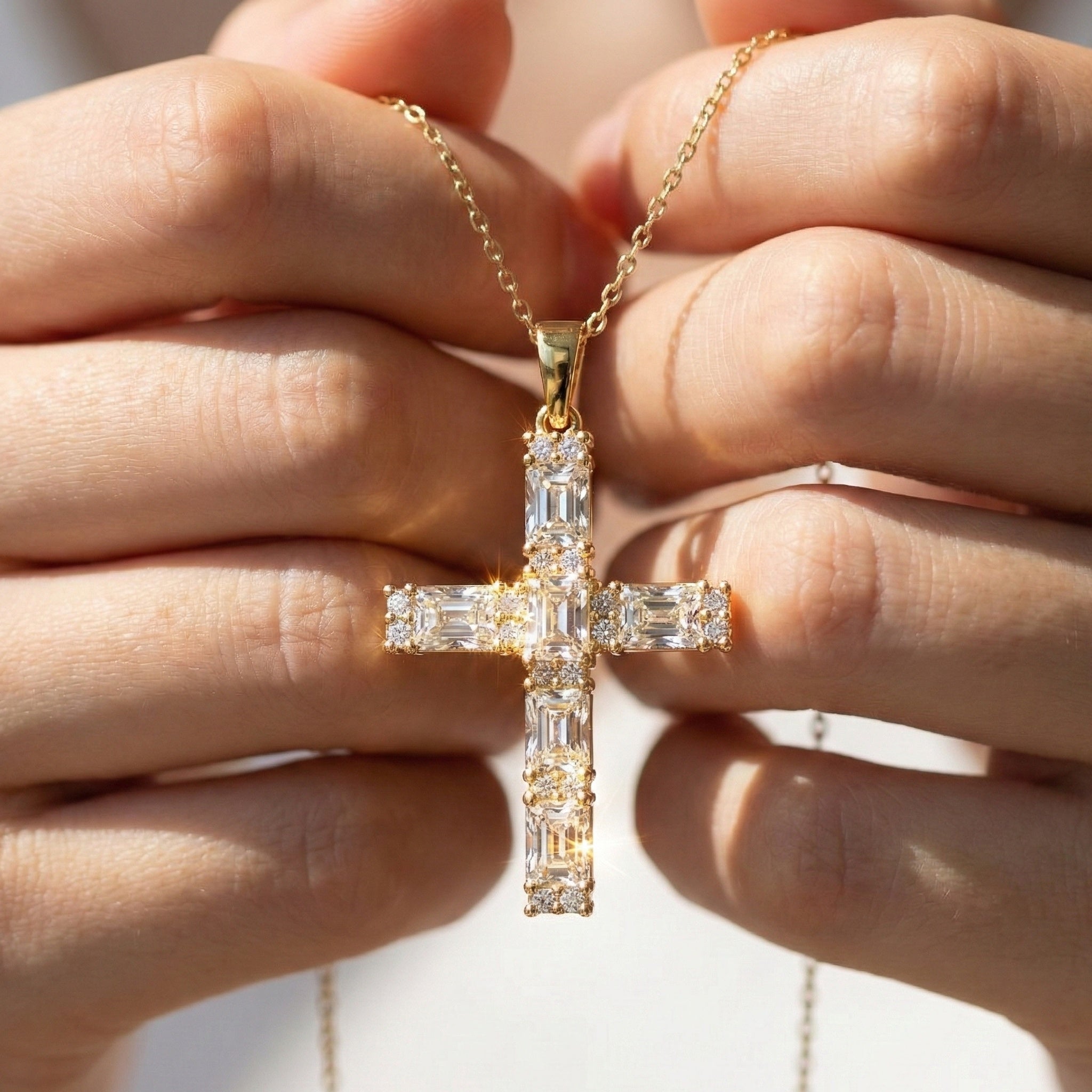 Faith Symbol Radiant Halo Cross Pendant in 14k Solid Gold, 2.18 TCW Radiant/Round Cut Lab Diamonds, Jesus Cross Gift for Women