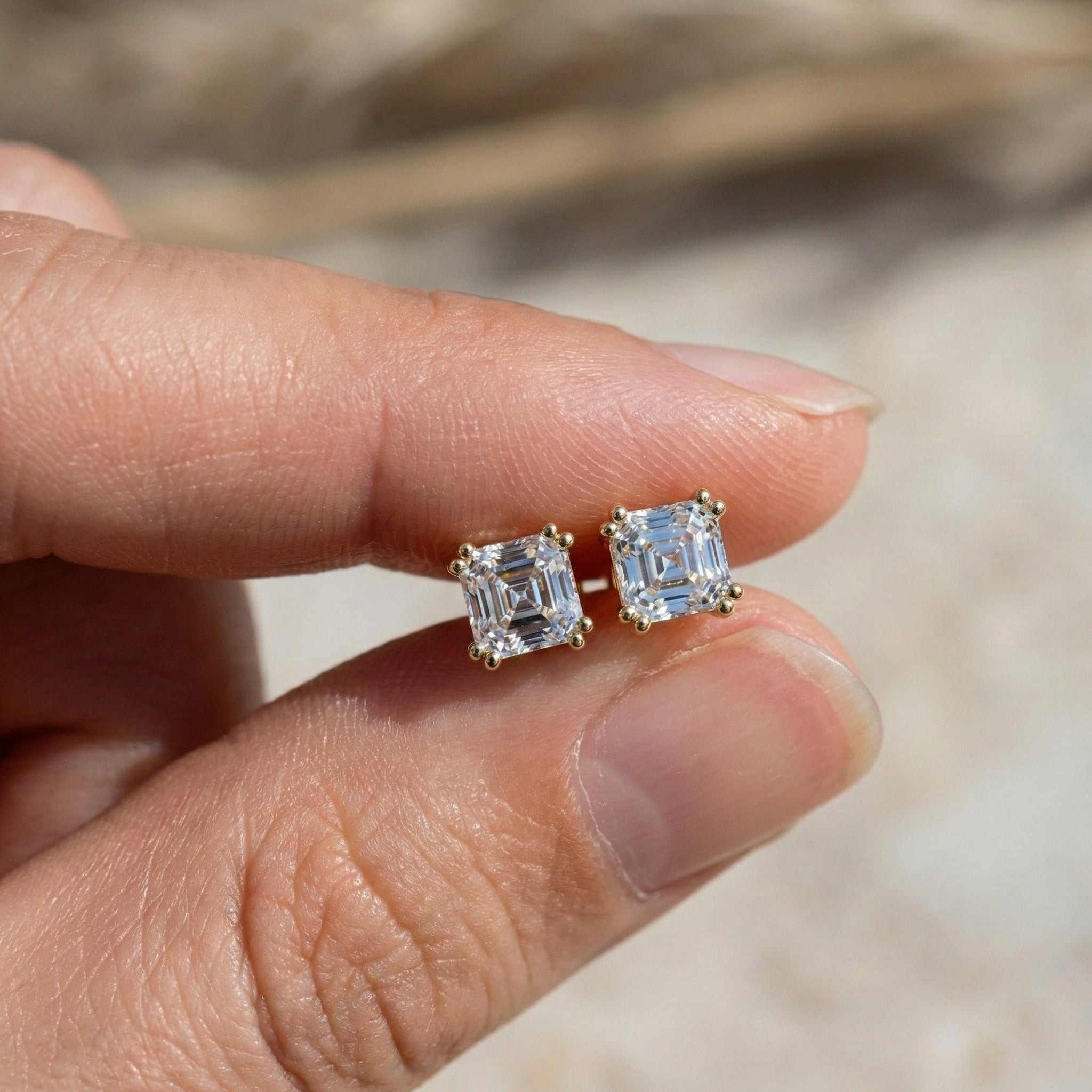 Double Prong Solitaire Minimalist Stud Earrings in 14k Solid Gold, 2.50 TCW Asscher Cut Lab Grown Diamonds, Gift for Wife, Handmade Bridal Jewelry