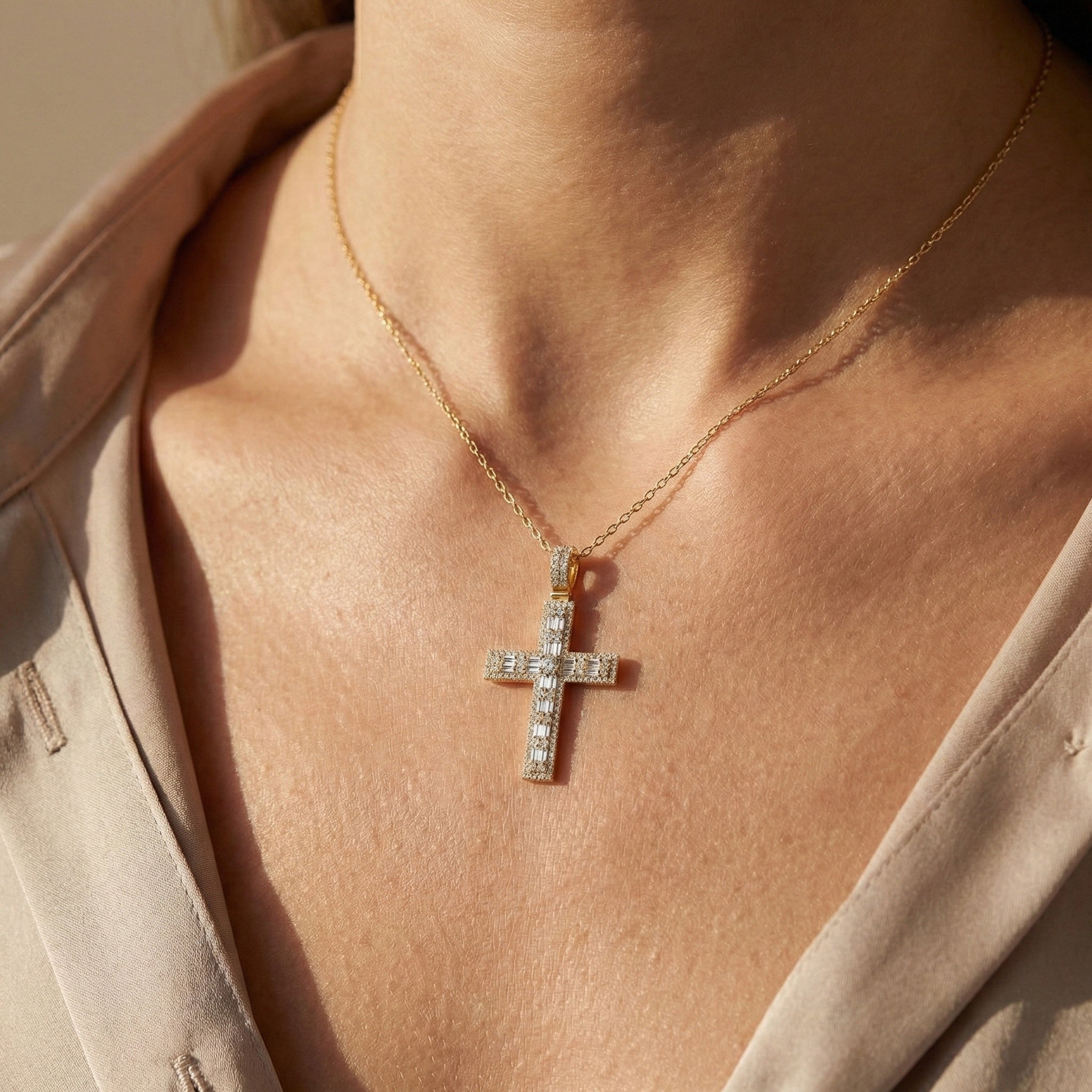 Sculpted Baguette Halo Cross Pendant in 14K Solid Gold, 2.17 TCW Baguette/Round Cut Lab Diamond, Faith Jewelry, Religious Gift For Her, Jesus Cross Pendant