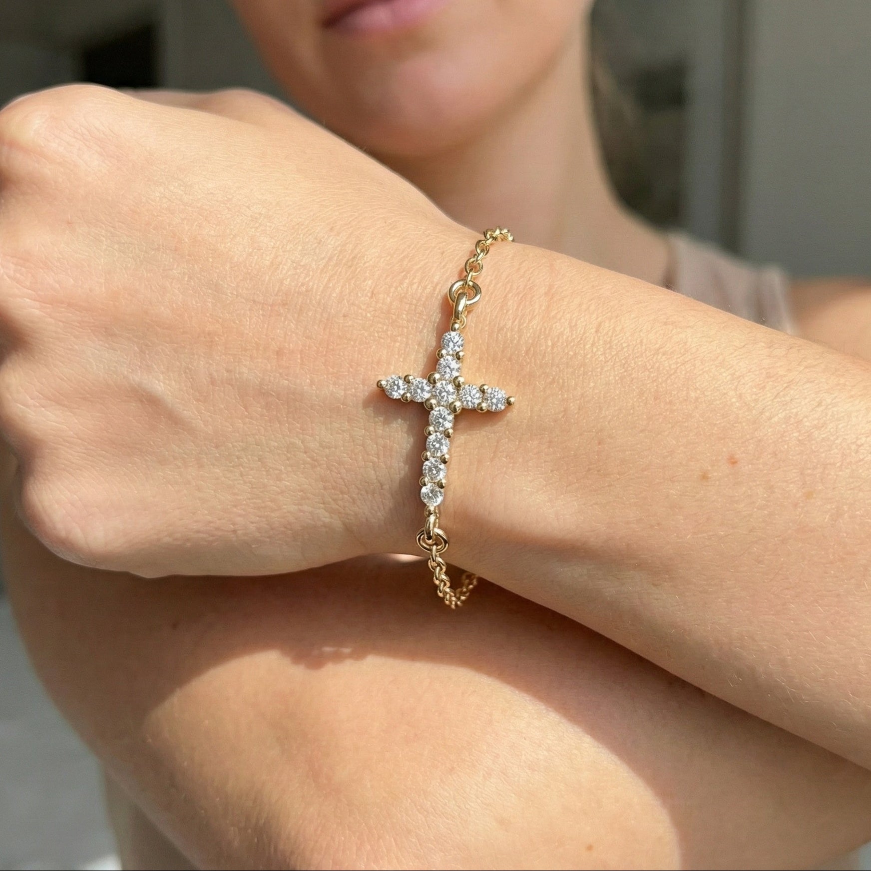 Delicate Round Cross Chain Bracelet in 14K Solid Gold, 0.38 TCW Round Cut Lab Brown Diamonds, Everyday Bracelet, Wedding Gift for Her