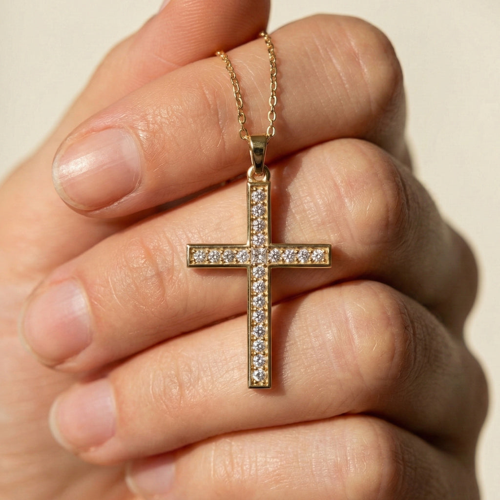 Sparkling Pavé Cross Pendant in 14k Solid Gold, 0.21 TCW Round Cut Lab Created Diamonds, Faith Jewelry, Confirmation Gift