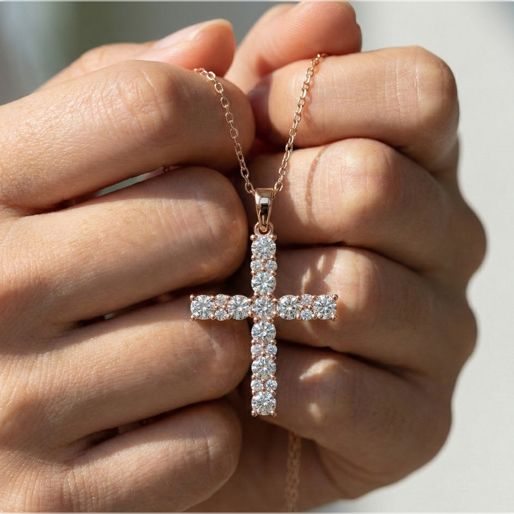 Classic Round Cluster Cross Pendant in 14K Solid Gold, 1.15 TCW Round Cut Lab Diamonds, Religious Jewelry, Birthday Gift for Her