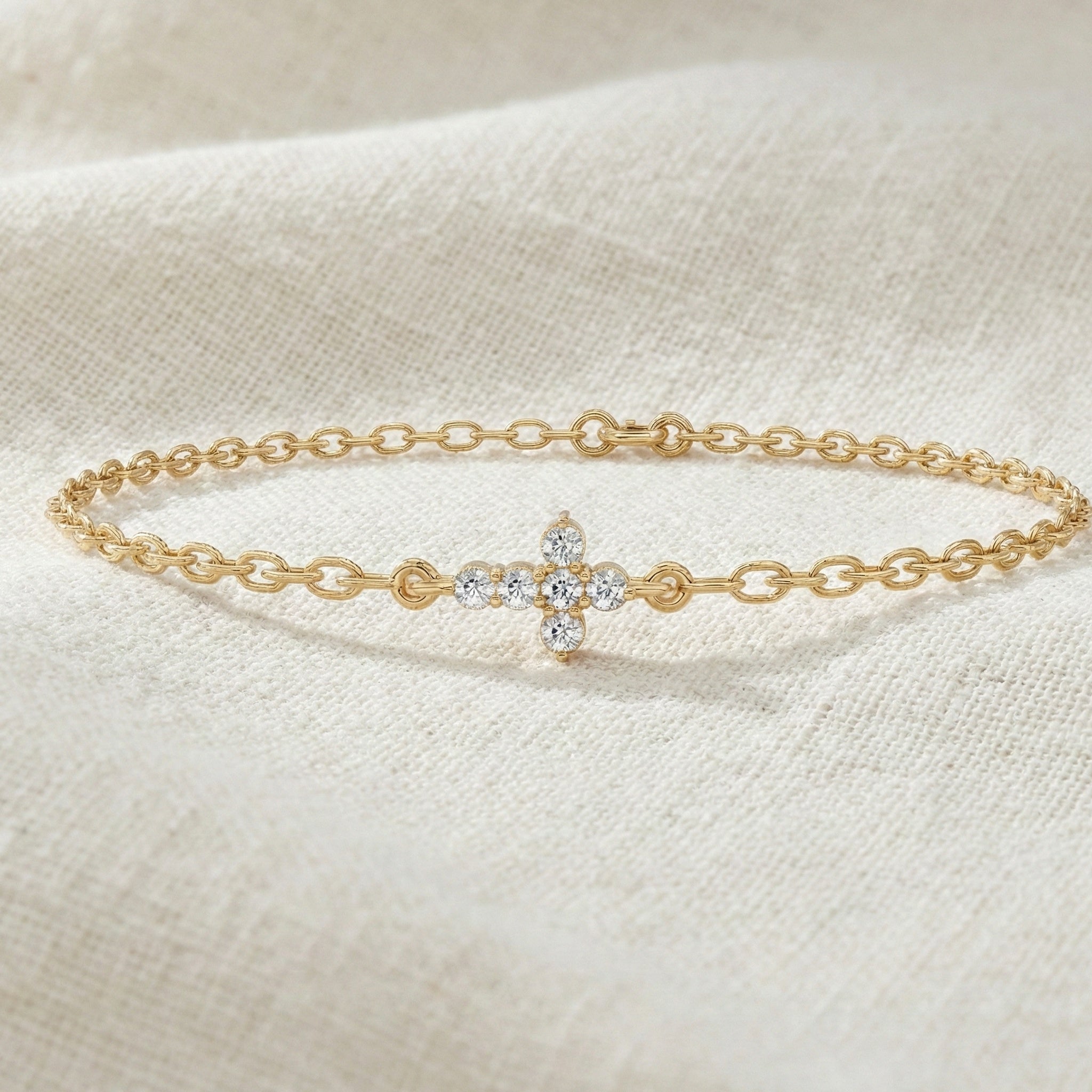Everyday Jesus Cross Link Bracelet in 14K Solid Gold, 0.21 TCW Round Cut Lab Grown diamonds, Women's Minimal Jewelry, Gift for Her