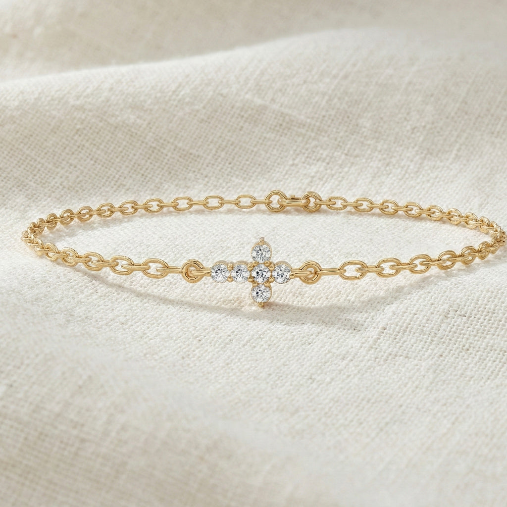 Everyday Jesus Cross Link Bracelet in 14K Solid Gold, 0.21 TCW Round Cut Lab Grown diamonds, Women's Minimal Jewelry, Gift for Her