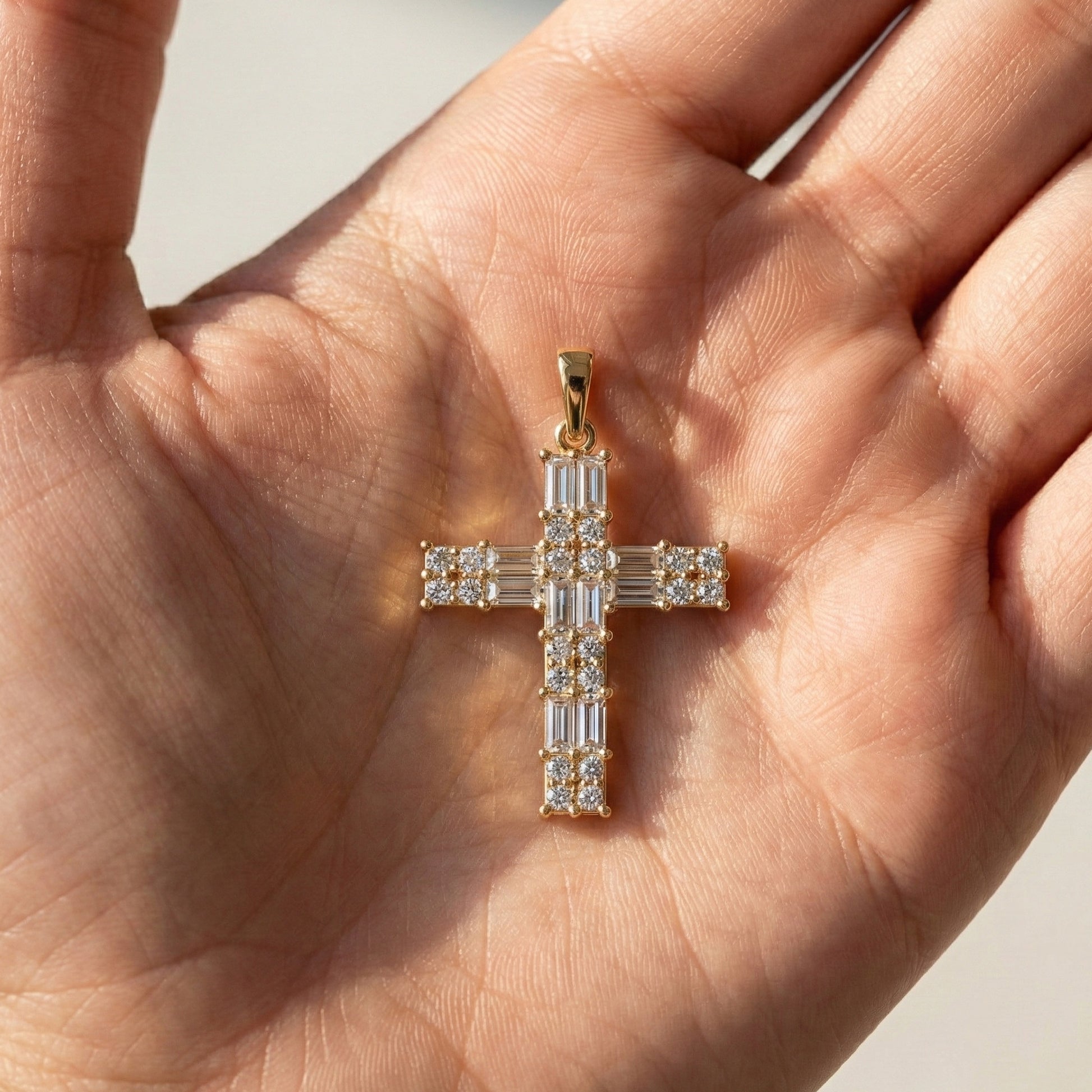 Baguette Cluster Cross Wedding Pendant in 14k Solid Gold, 1.90 TCW Baguette/Round Cut Lab Grown Diamonds, Faith Jewelry, Gift for Her