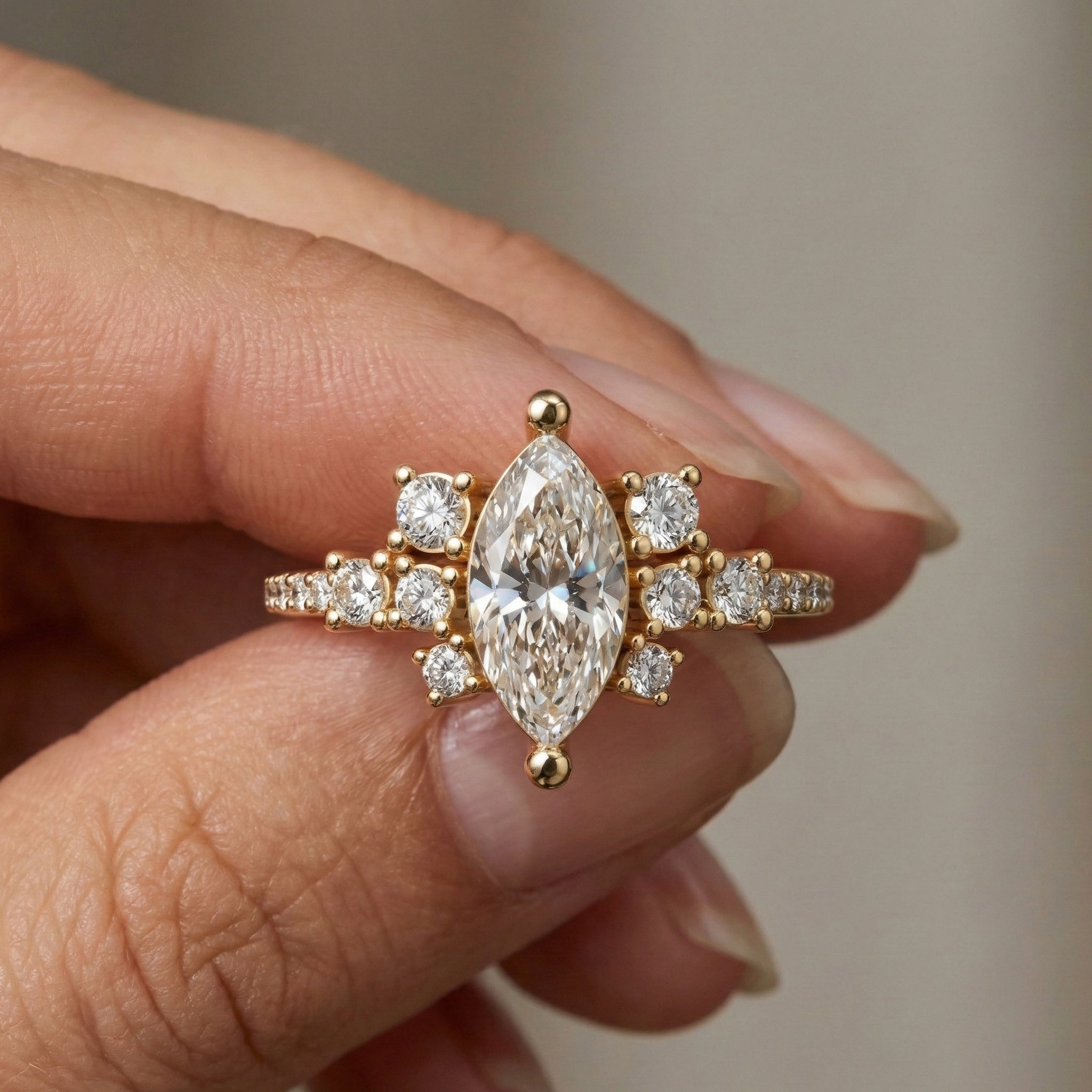 Marquise Cluster Halo Pave Engagement Ring in 14K Yellow Gold, 0.74 TCW Marquise/Round Cut Lab Created Diamonds, Handmade Jewelry, Anniversary Gift