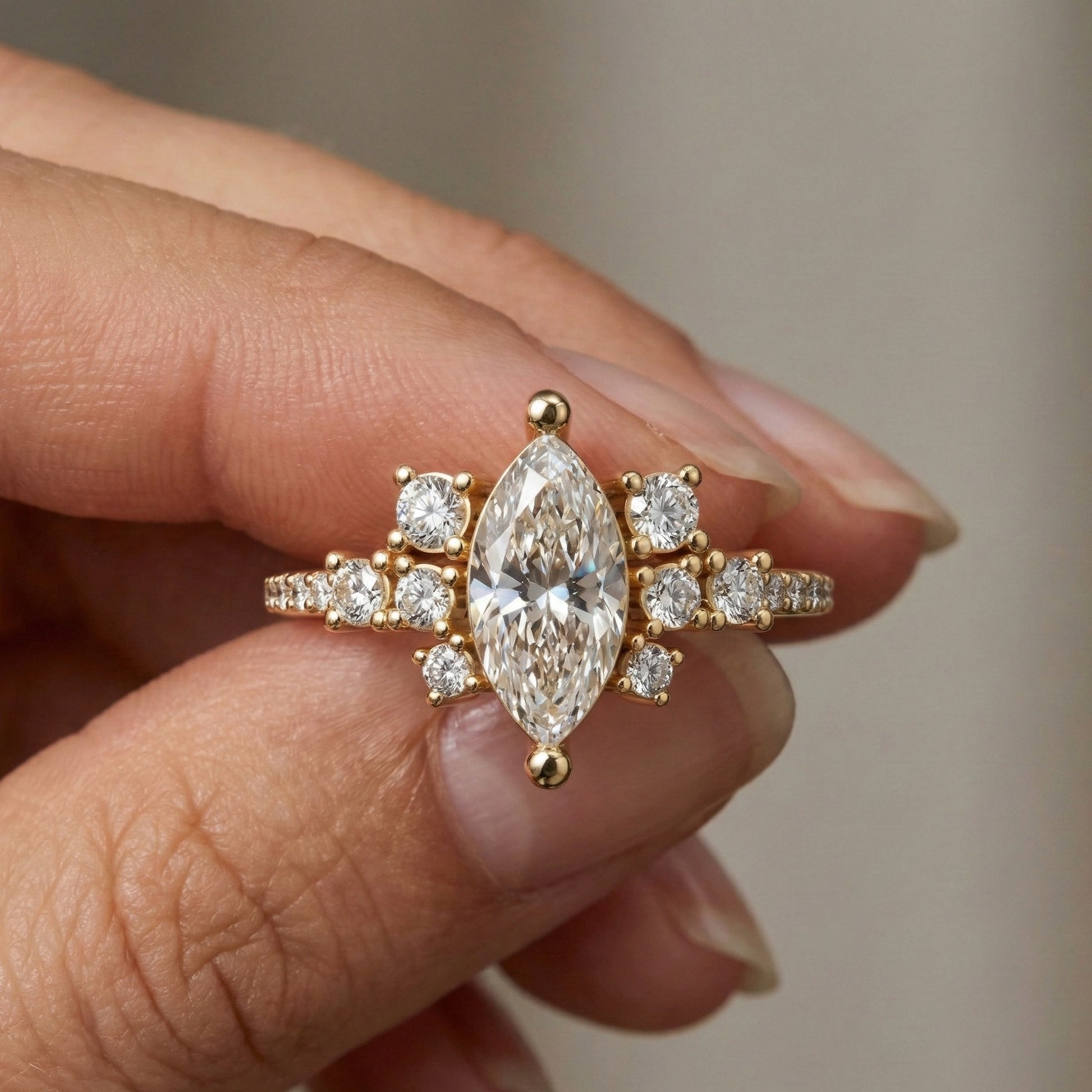 Marquise Cluster Halo Pave Engagement Ring in 14K Yellow Gold, 0.74 TCW Marquise/Round Cut Lab Created Diamonds, Handmade Jewelry, Anniversary Gift