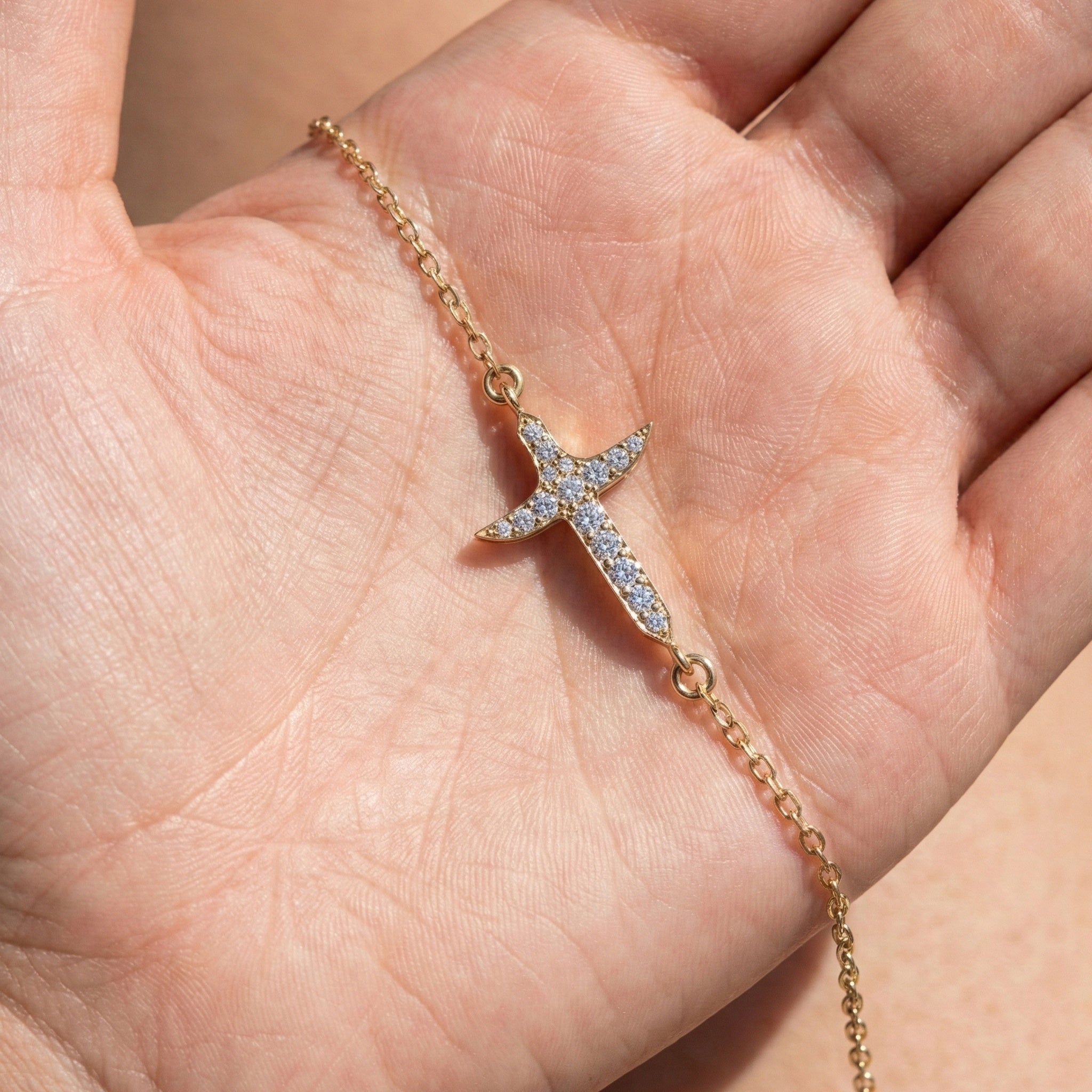 Elegant tapered cross bracelet in 14K Solid Gold, 0.44 TCW Round Cut Lab Created Diamonds, Baptism Bracelet, Unique Gift for Her
