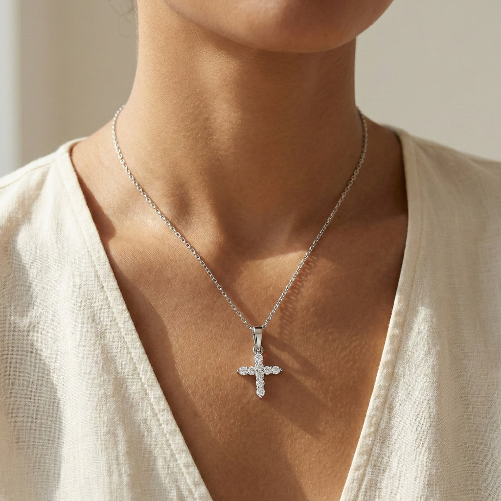 Sparkling Cross Cluster Pendant in 14K Solid Gold, 0.23 TCW Round Cut Lab Diamonds, Religious Gift for Her, Bridal Jewelry
