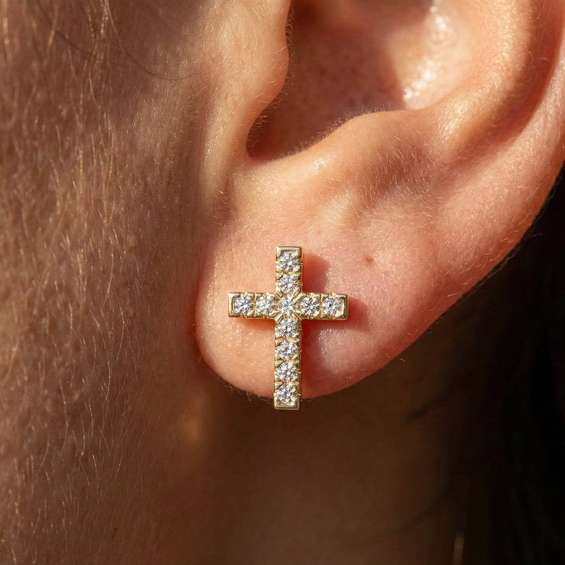 Modern Jesus Cross Wedding Stud Earrings in 14K Yellow Gold, Classic Religious Jewelry, Perfect Gift for Wife, Everyday Stud Earrings