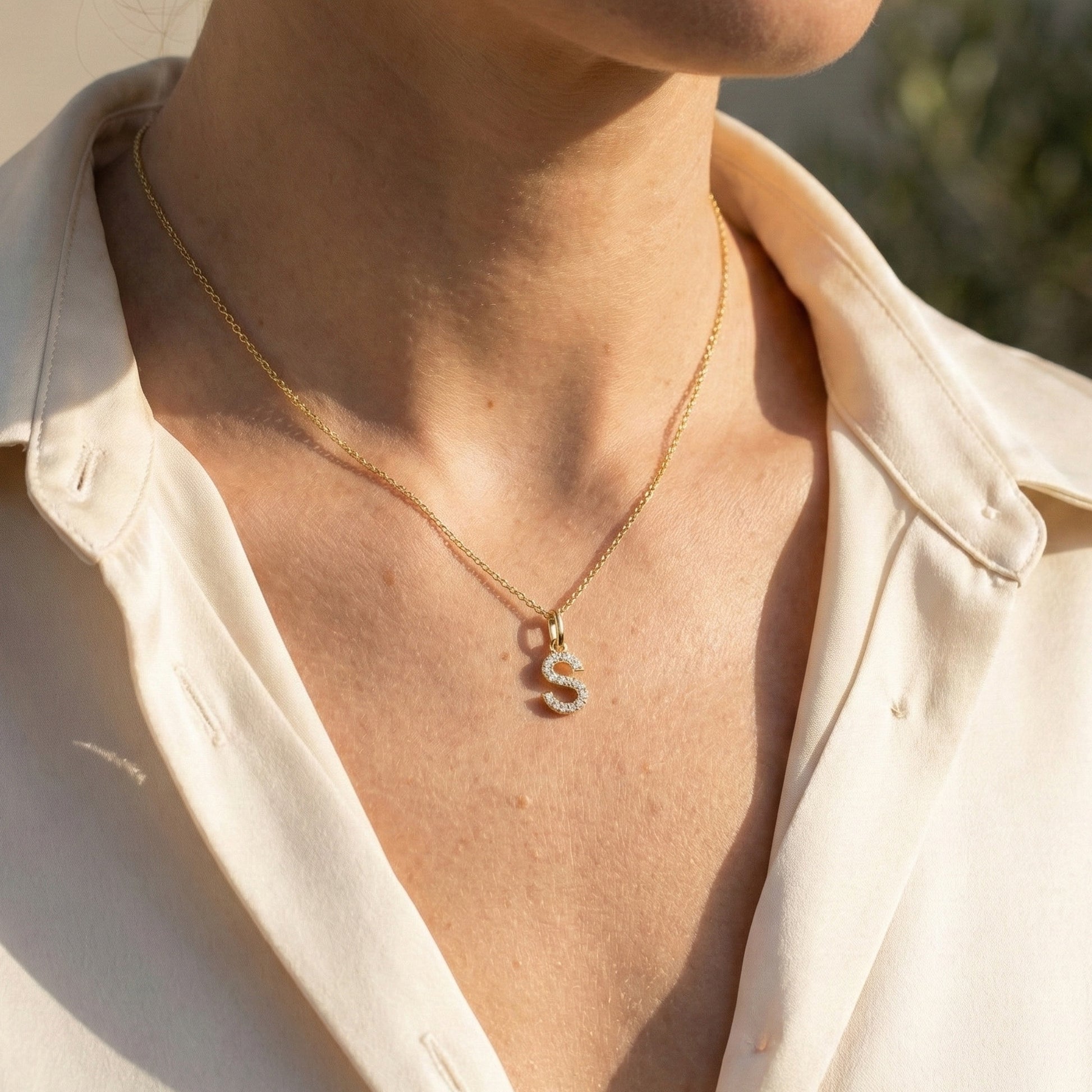 Minimal Pavé 'S' Initial Alphabet Pendant in Lab Diamond or Moissanite – 14K Solid Gold, Modern Letter Pendant, Birthday Gift for Her, Daily Wear Jewelry