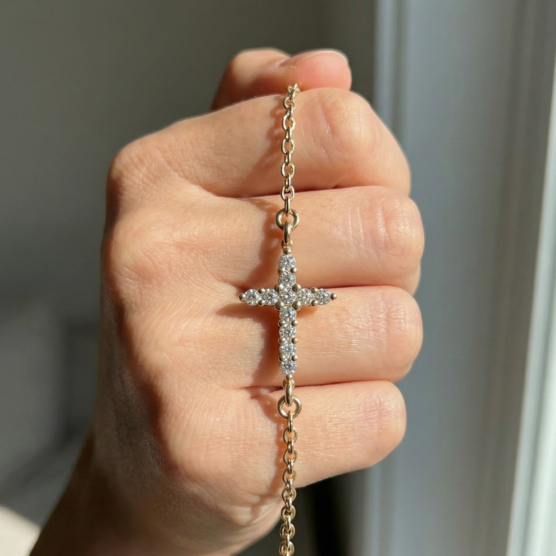 Delicate Round Cross Chain Bracelet in 14K Solid Gold, 0.38 TCW Round Cut Lab Brown Diamonds, Everyday Bracelet, Wedding Gift for Her