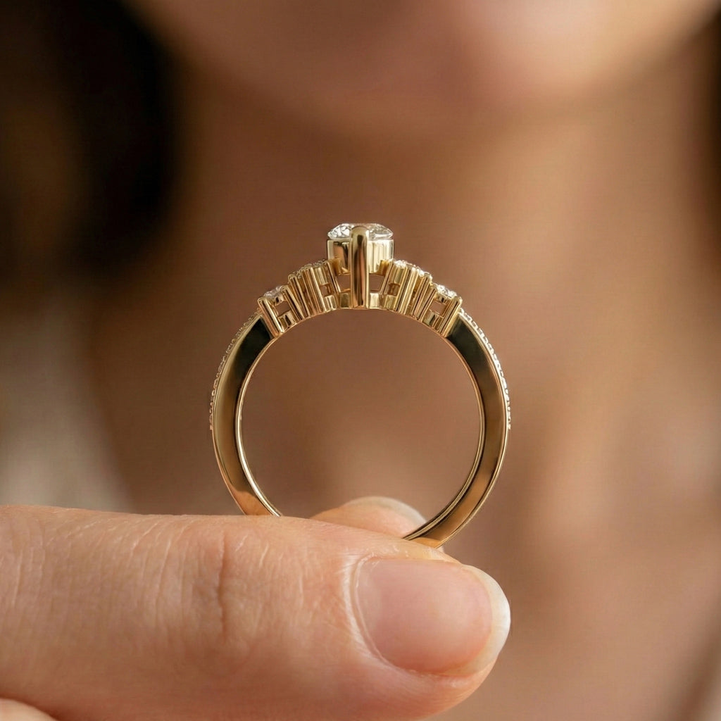 Marquise Cluster Halo Pave Engagement Ring in 14K Yellow Gold, 0.74 TCW Marquise/Round Cut Lab Created Diamonds, Handmade Jewelry, Anniversary Gift