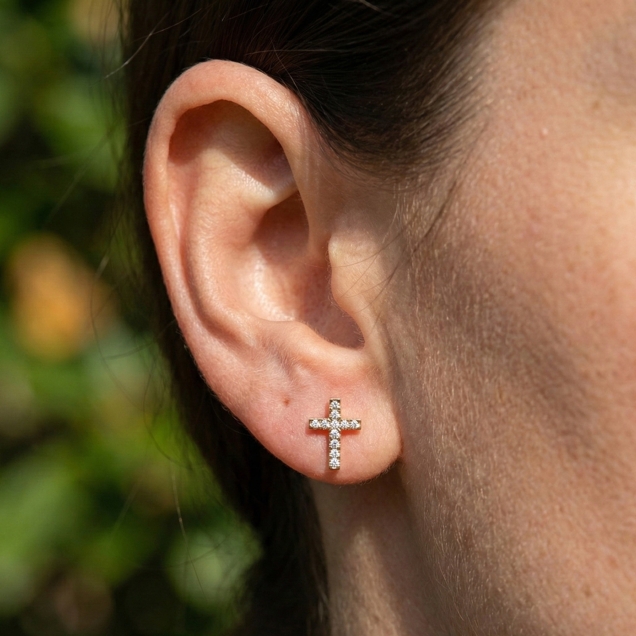 Modern Jesus Cross Wedding Stud Earrings in 14K Yellow Gold, Classic Religious Jewelry, Perfect Gift for Wife, Everyday Stud Earrings