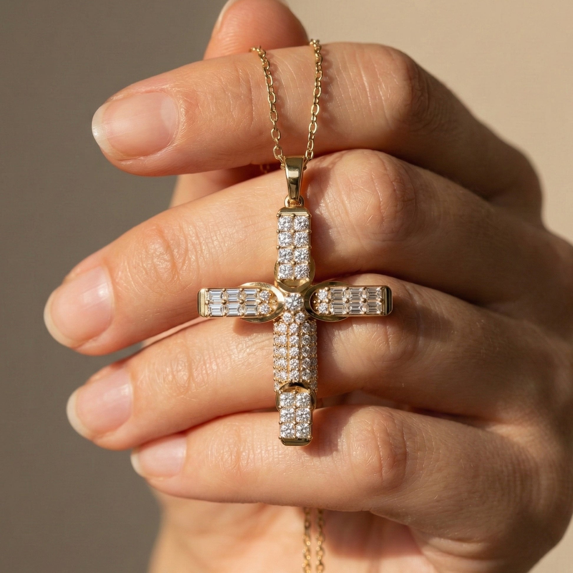 Chic Baguette Pavé Halo Cross Pendant in Solid 14k Gold, 1.27 TCW Princess/Baguette/Round  Cut, Fashion Jewelry Gift