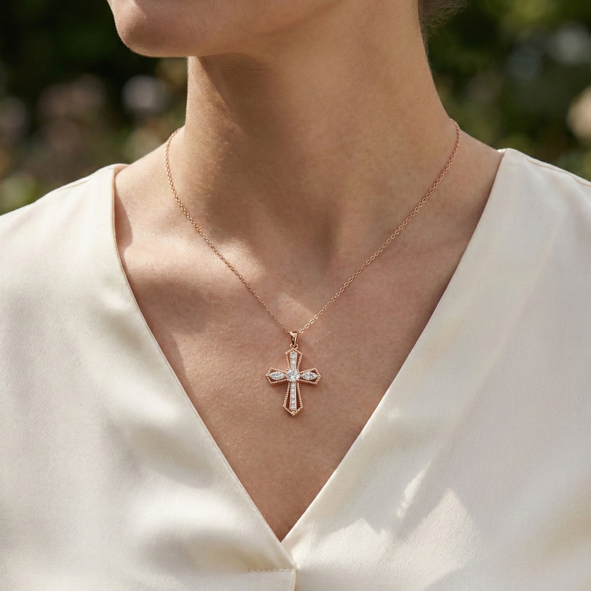 Elegant Milgrain Cross Pendant in 14K Solid Gold, 0.99 TCW Marquise/Round Cut Lab Created Diamonds, Faith Jewelry, Baptism Gift