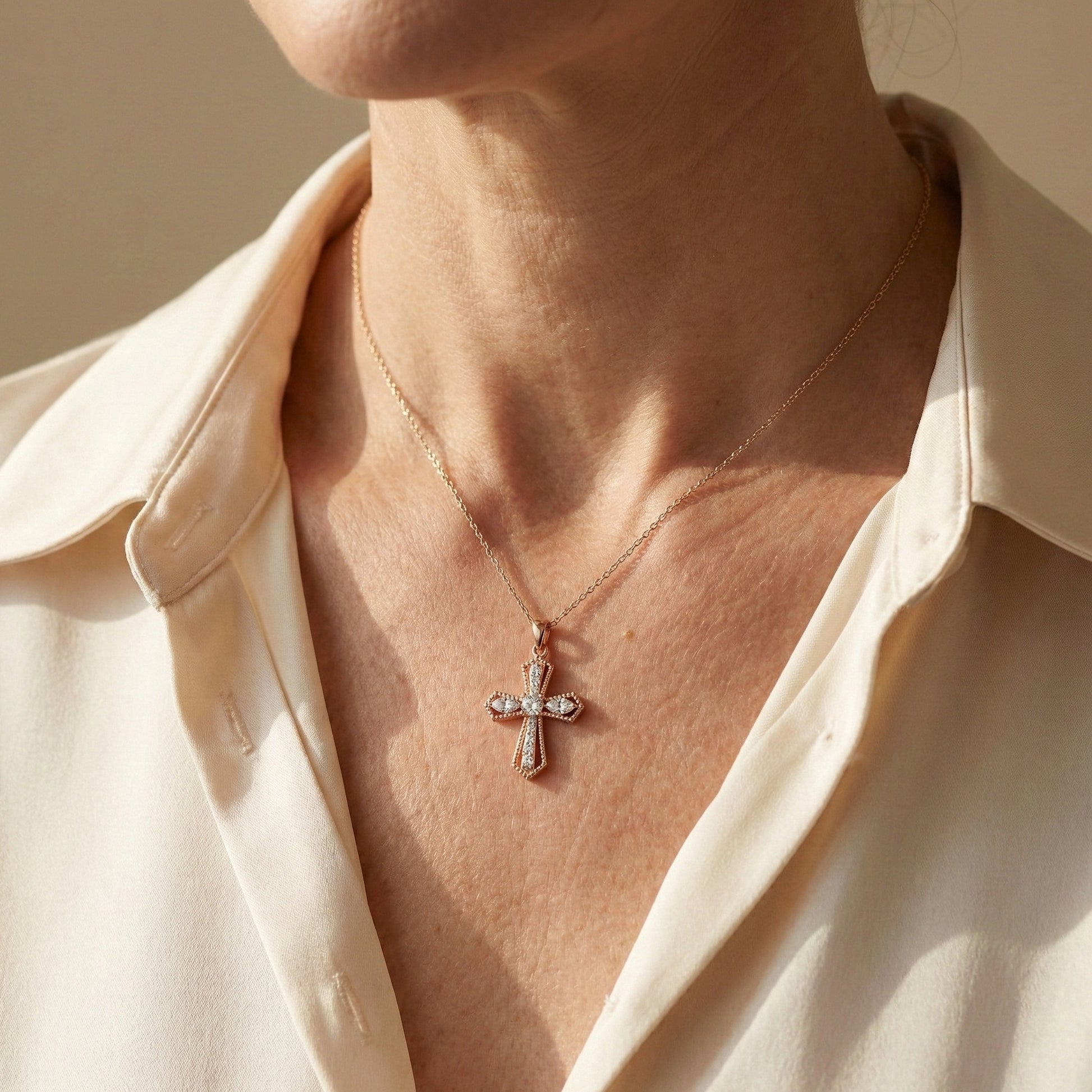 Elegant Milgrain Cross Pendant in 14K Solid Gold, 0.99 TCW Marquise/Round Cut Lab Created Diamonds, Faith Jewelry, Baptism Gift