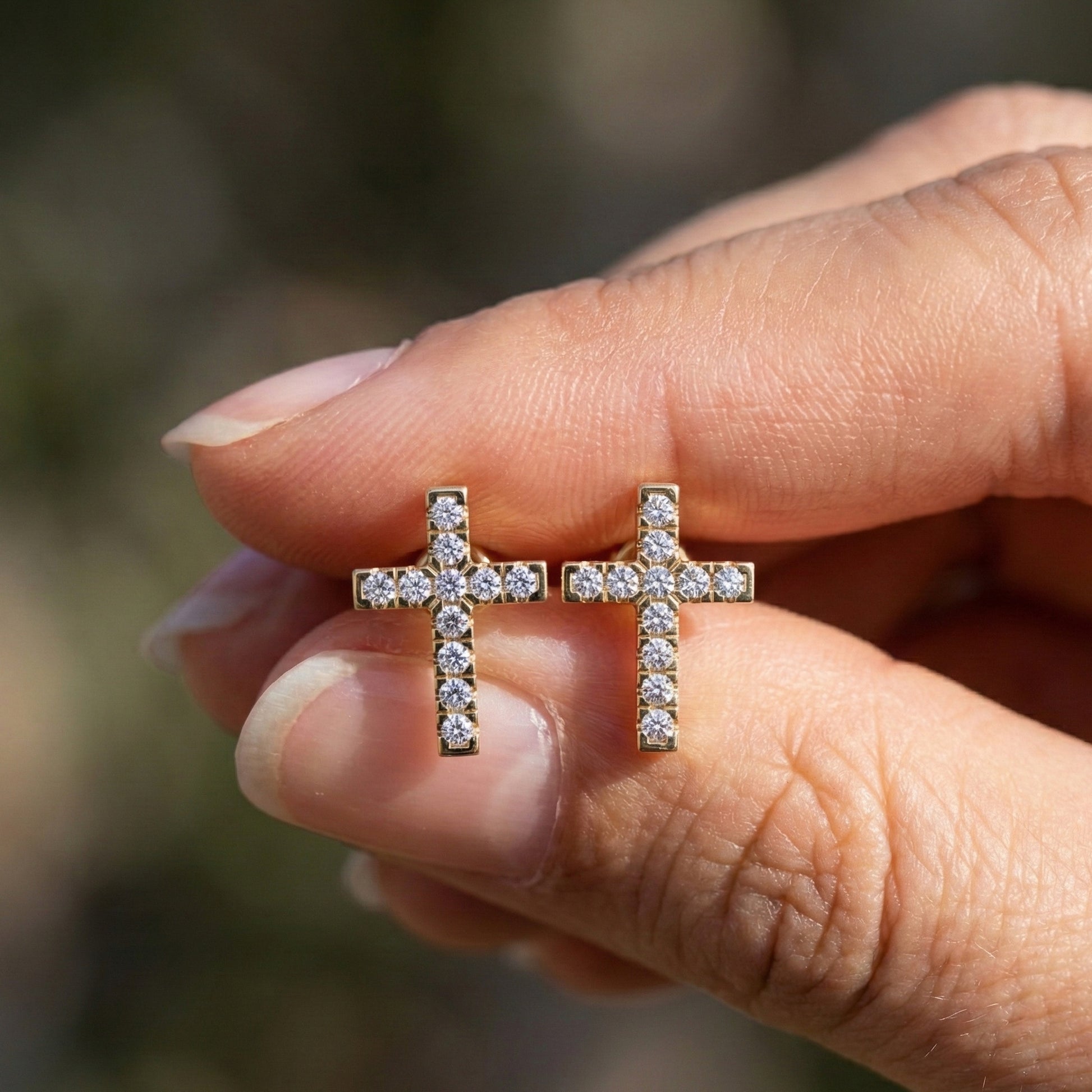 Modern Jesus Cross Wedding Stud Earrings in 14K Yellow Gold, Classic Religious Jewelry, Perfect Gift for Wife, Everyday Stud Earrings