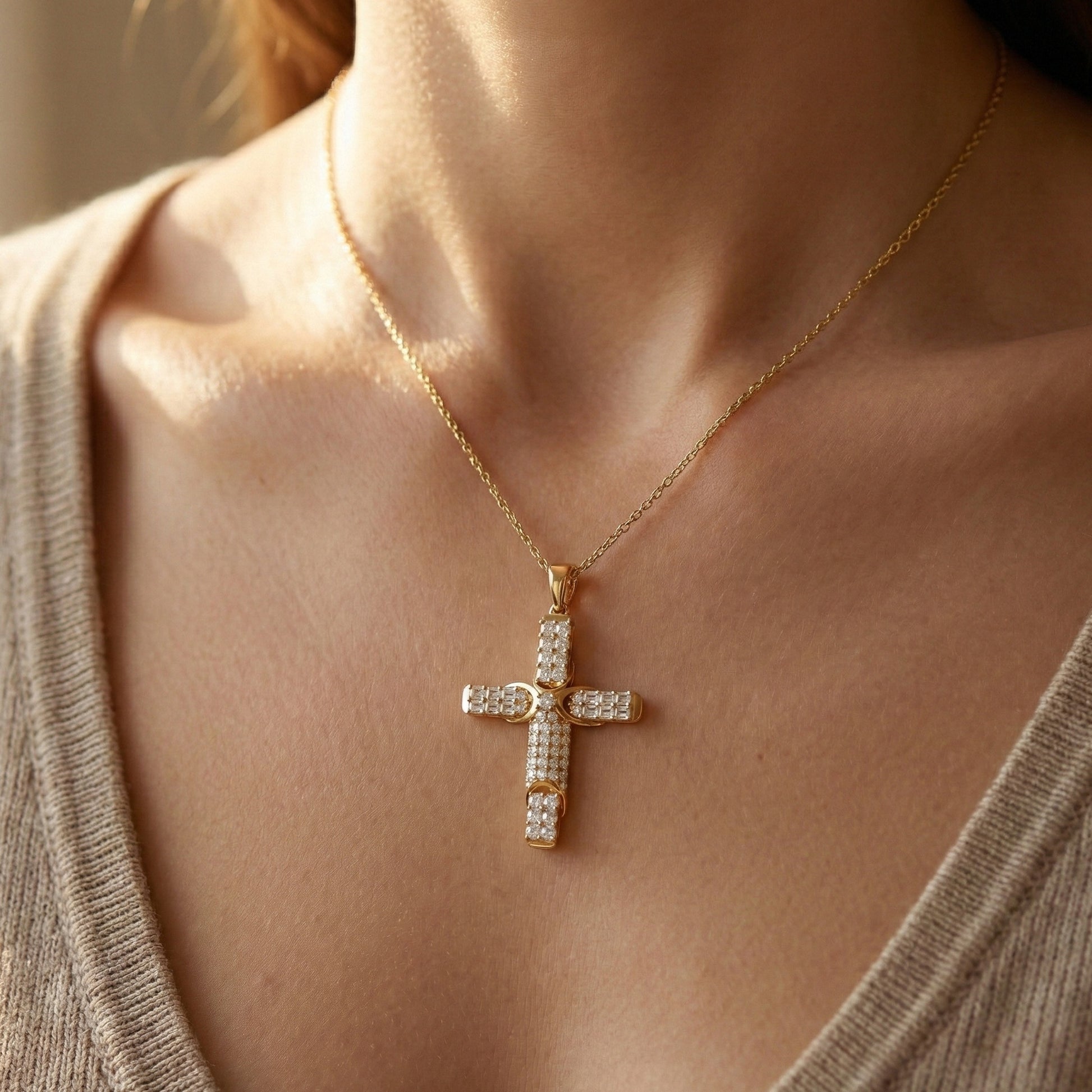 Chic Baguette Pavé Halo Cross Pendant in Solid 14k Gold, 1.27 TCW Princess/Baguette/Round  Cut, Fashion Jewelry Gift