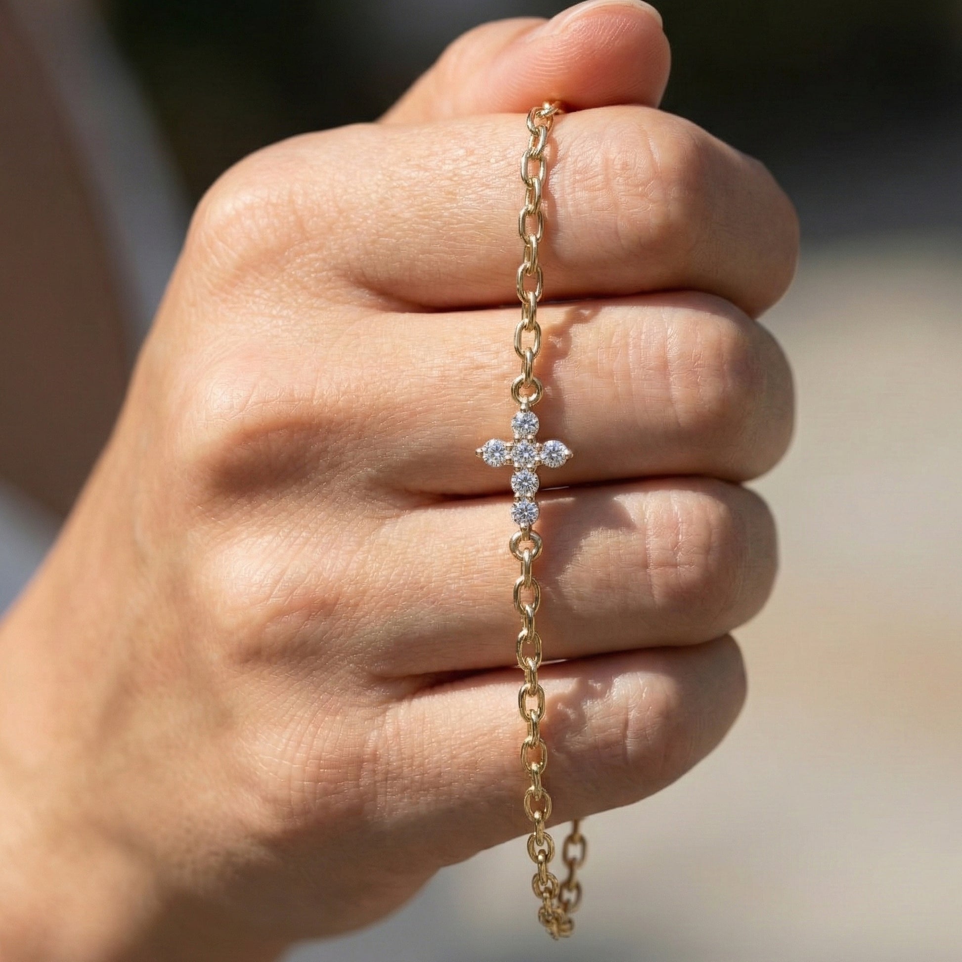 Everyday Jesus Cross Link Bracelet in 14K Solid Gold, 0.21 TCW Round Cut Lab Grown diamonds, Women's Minimal Jewelry, Gift for Her