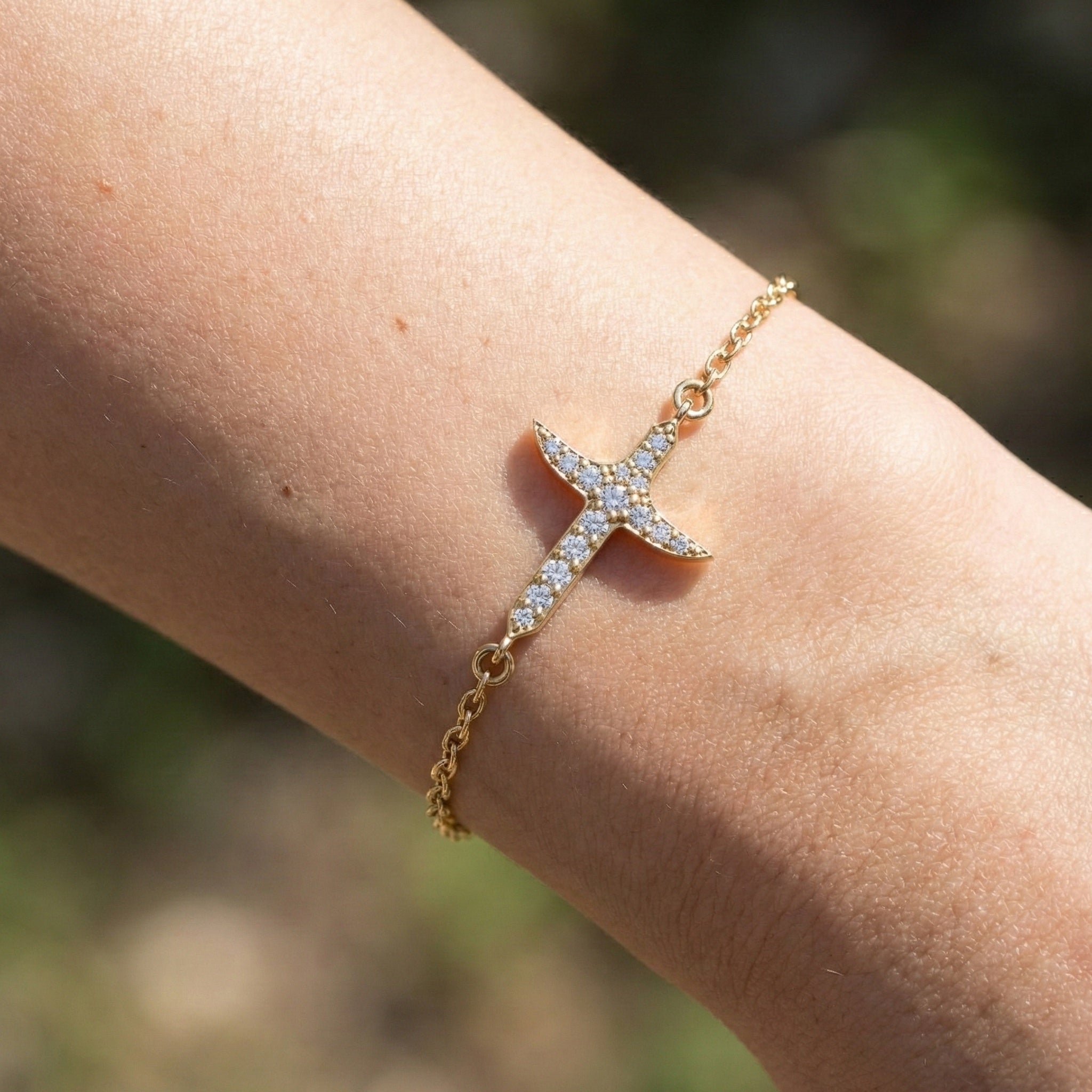 Elegant tapered cross bracelet in 14K Solid Gold, 0.44 TCW Round Cut Lab Created Diamonds, Baptism Bracelet, Unique Gift for Her