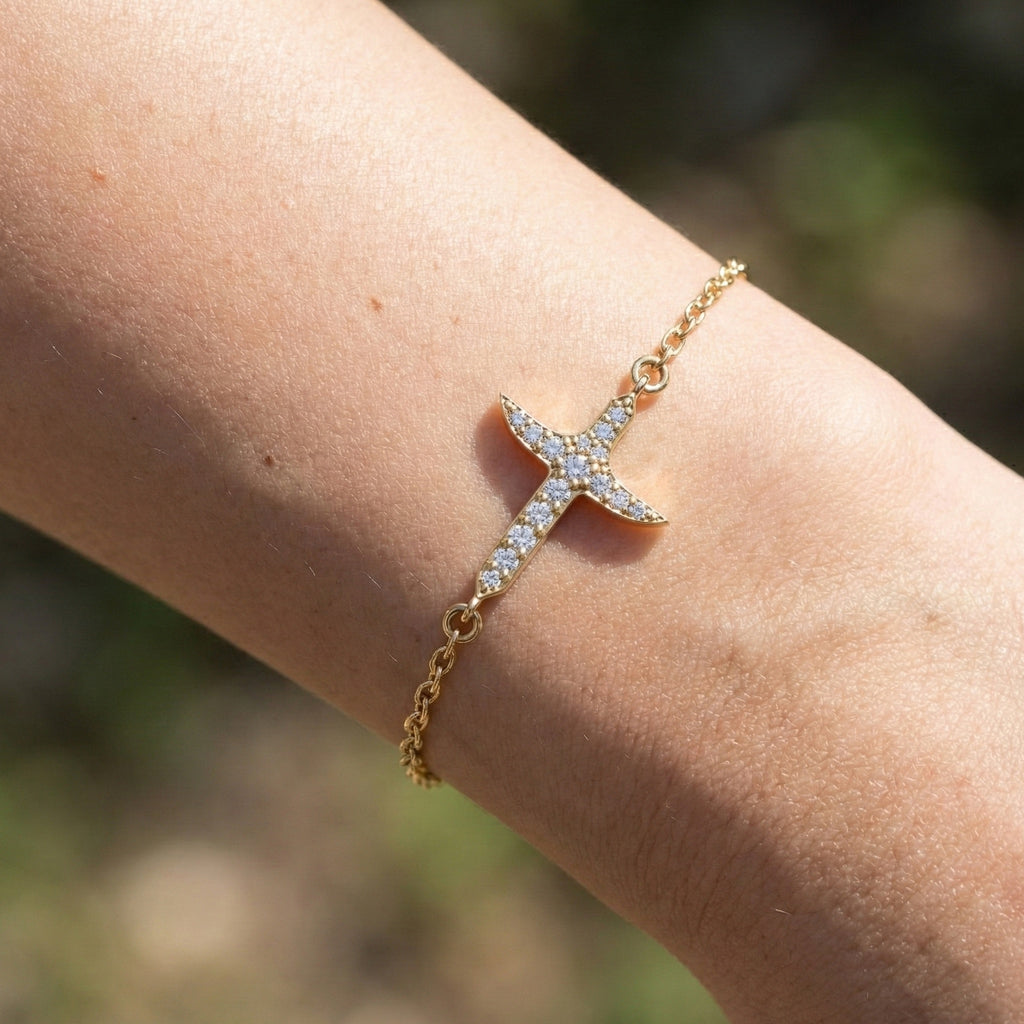 Elegant tapered cross bracelet in 14K Solid Gold, 0.44 TCW Round Cut Lab Created Diamonds, Baptism Bracelet, Unique Gift for Her