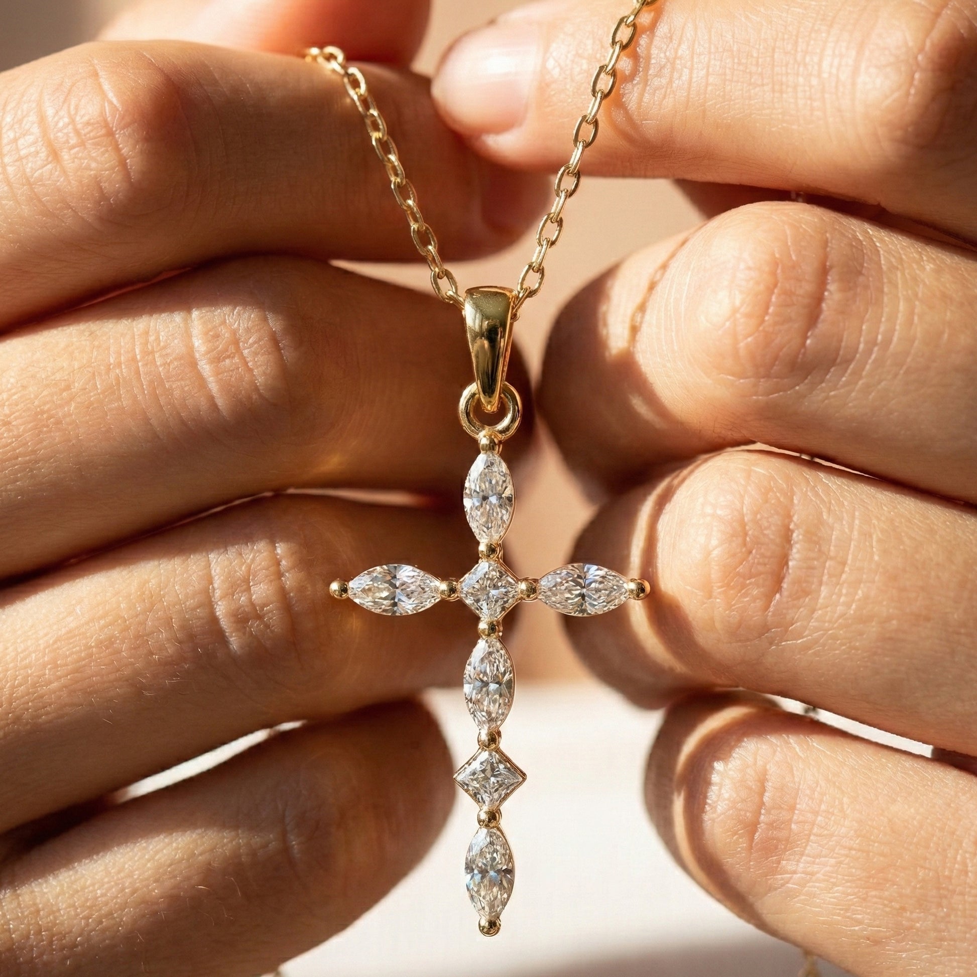 Layered Marquise Cross Pendant in 14k Solid Gold, 0.30 TCW Marquise/Princess Cut Lab Created Diamonds, Baptism Gift