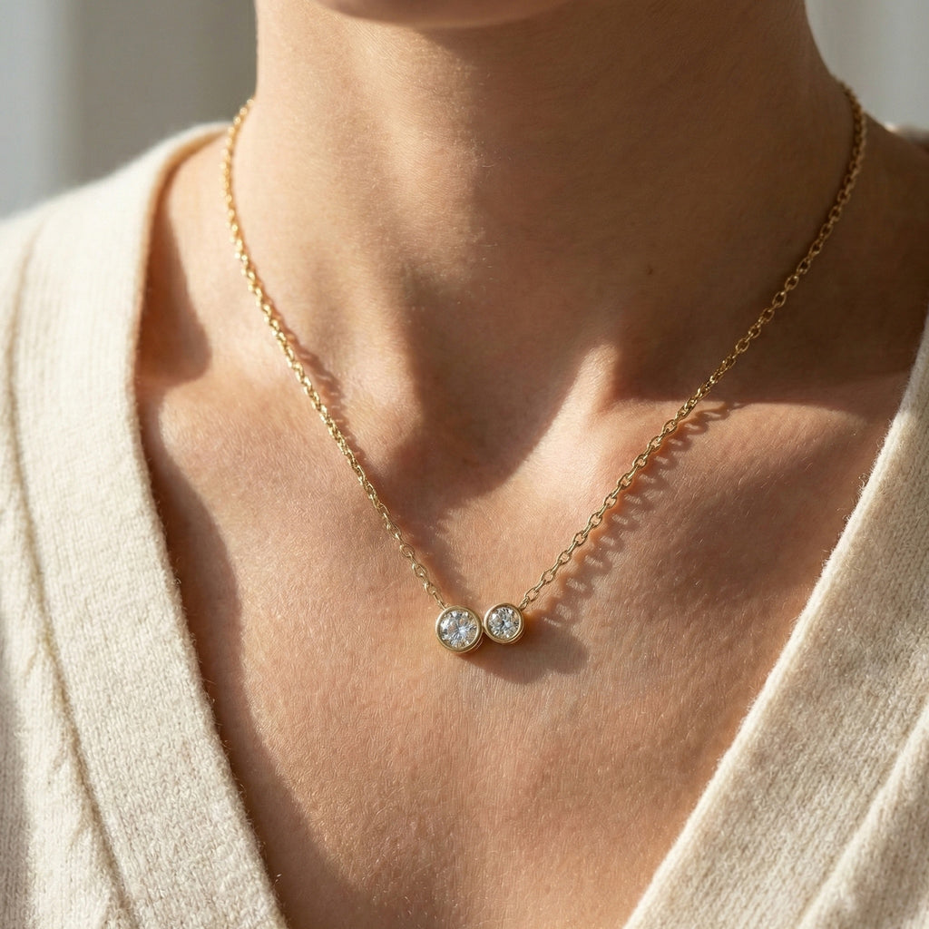 Modern Two Stone Bezel Wedding Pendant in 14k Solid Gold, 1.10 TCW Round Cut Lab Grown Diamonds, Gift for Her, Bridal Jewelry, Everyday Pendant