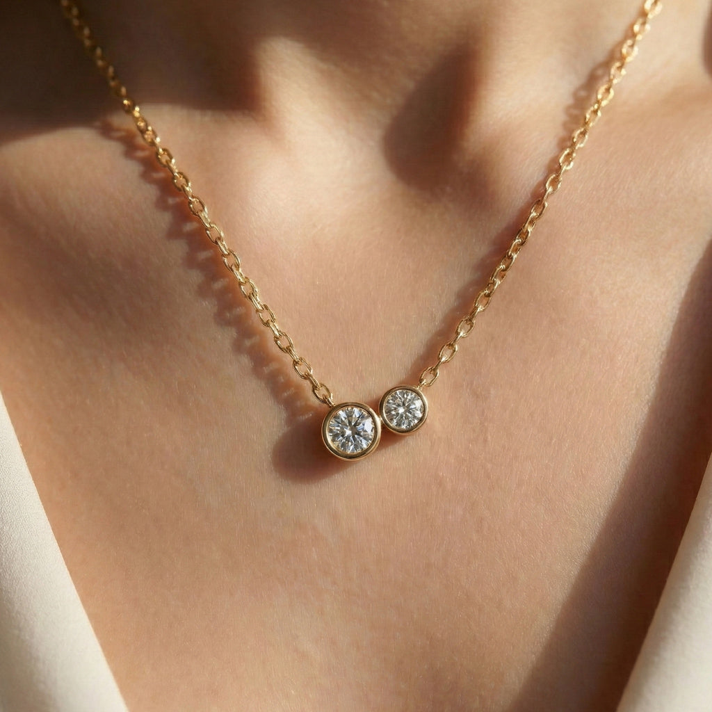 Modern Two Stone Bezel Wedding Pendant in 14k Solid Gold, 1.10 TCW Round Cut Lab Grown Diamonds, Gift for Her, Bridal Jewelry, Everyday Pendant