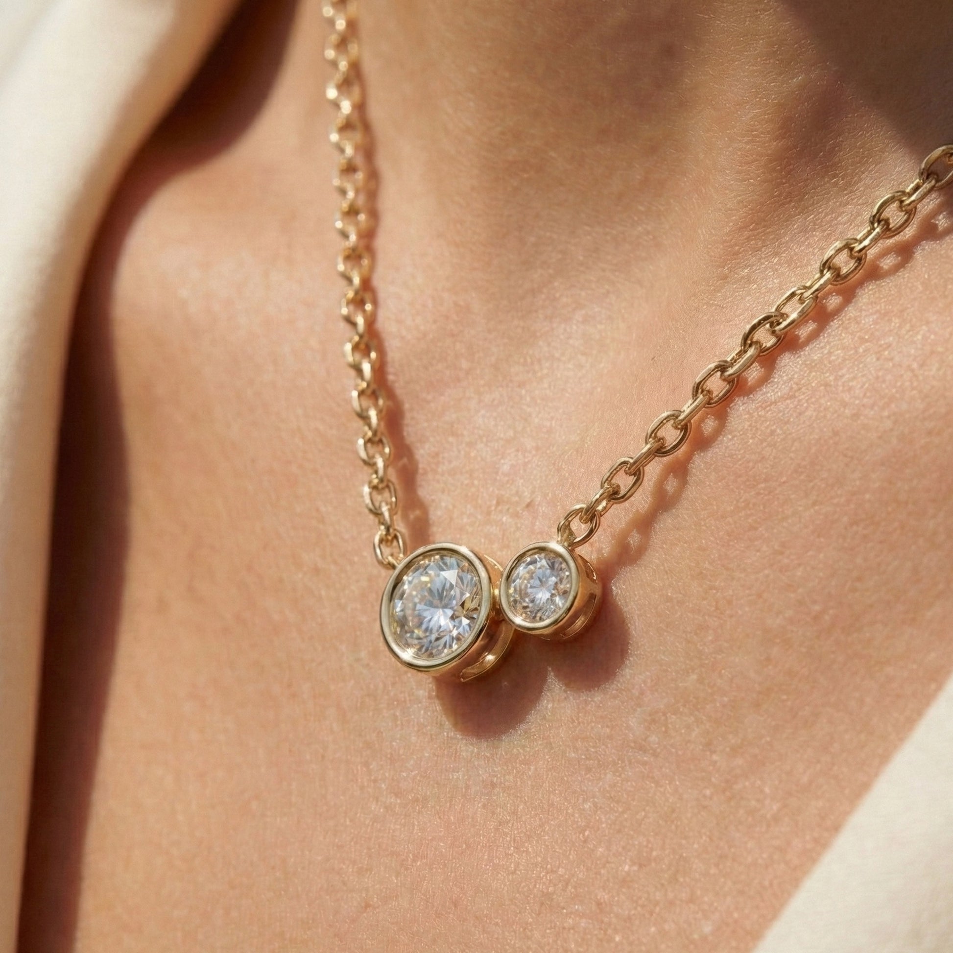 Modern Two Stone Bezel Wedding Pendant in 14k Solid Gold, 1.10 TCW Round Cut Lab Grown Diamonds, Gift for Her, Bridal Jewelry, Everyday Pendant