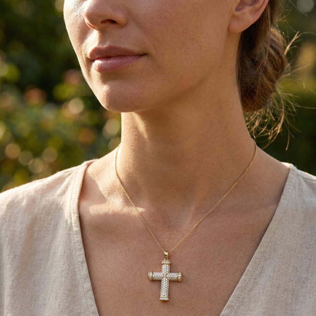 3D Pave Cross Pendant in 14k solid Gold, 1.15 TCW Round Cut Lab Grown Diamond, Christian Gift for Her