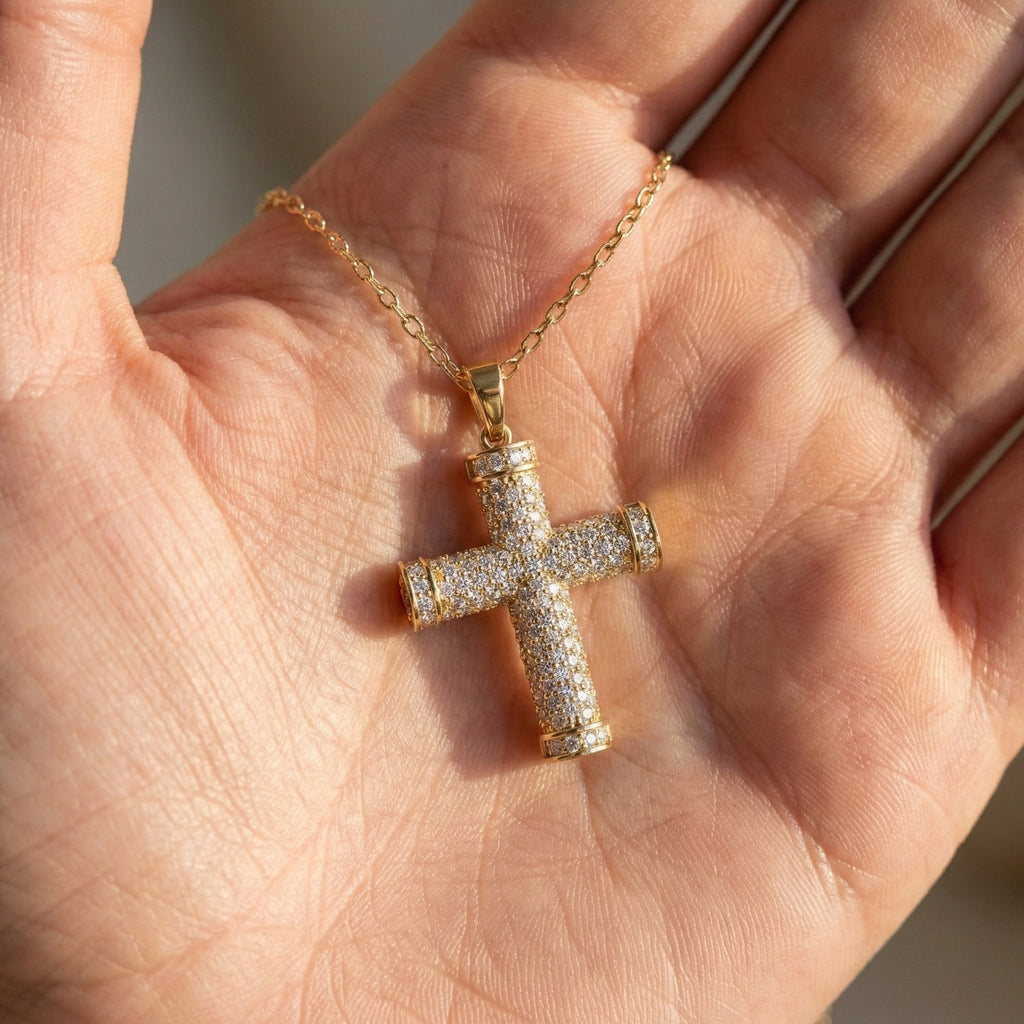 3D Pave Cross Pendant in 14k solid Gold, 1.15 TCW Round Cut Lab Grown Diamond, Christian Gift for Her