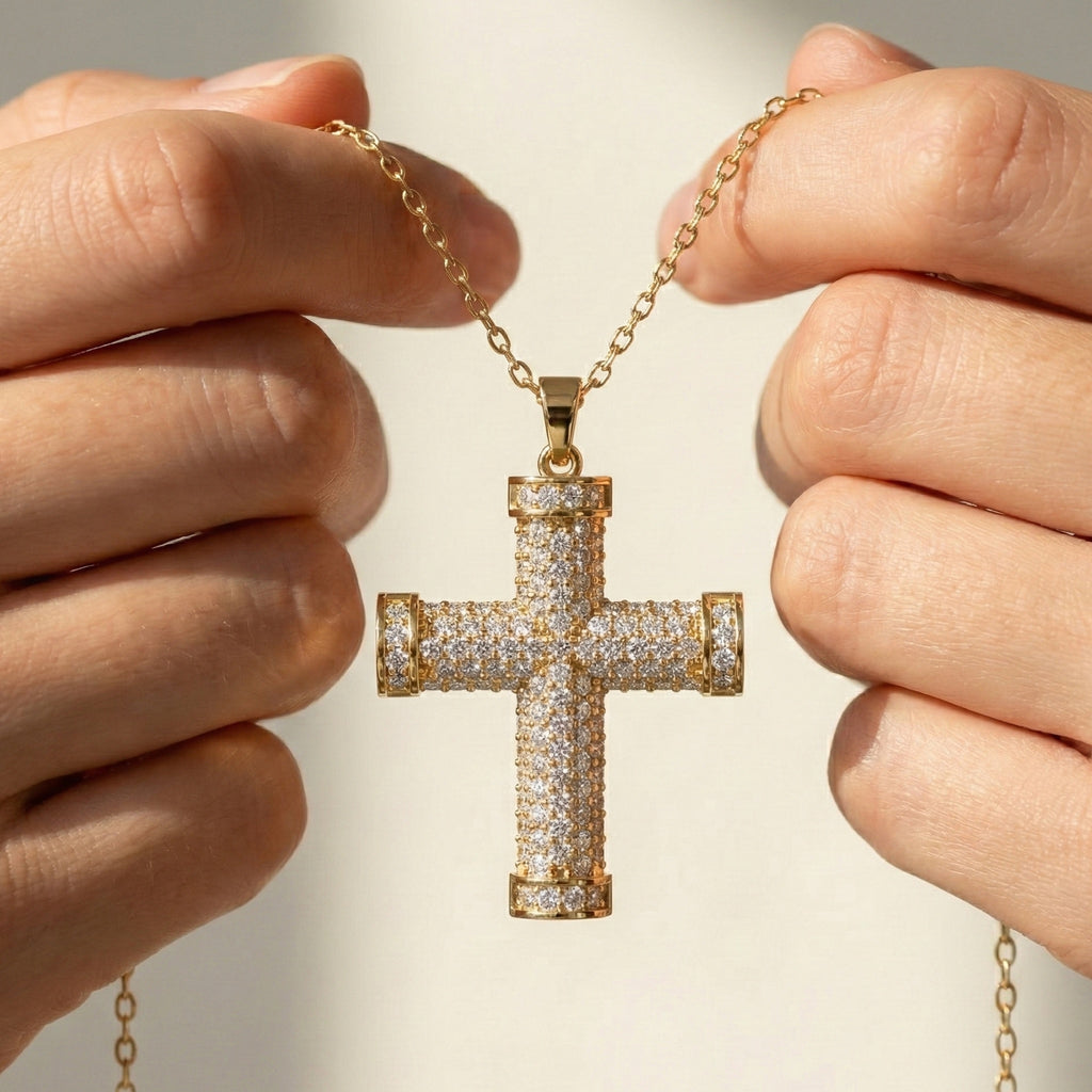 3D Pave Cross Pendant in 14k solid Gold, 1.15 TCW Round Cut Lab Grown Diamond, Christian Gift for Her