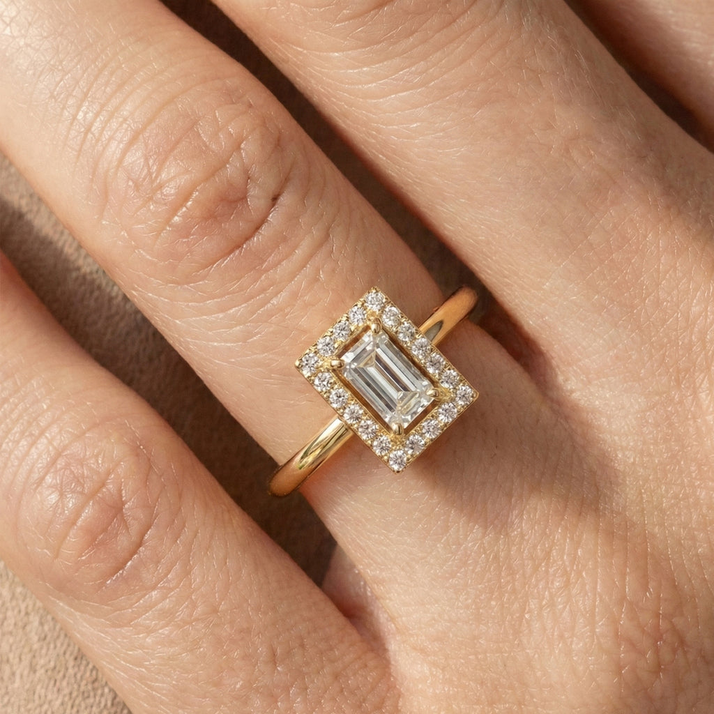 Art Deco Baguette Cut Rectangle Halo Engagement Ring in Lab Diamond – 14k Solid Gold, Geometric Vertical Emerald Shaped Ring, Wedding Gift for Wife