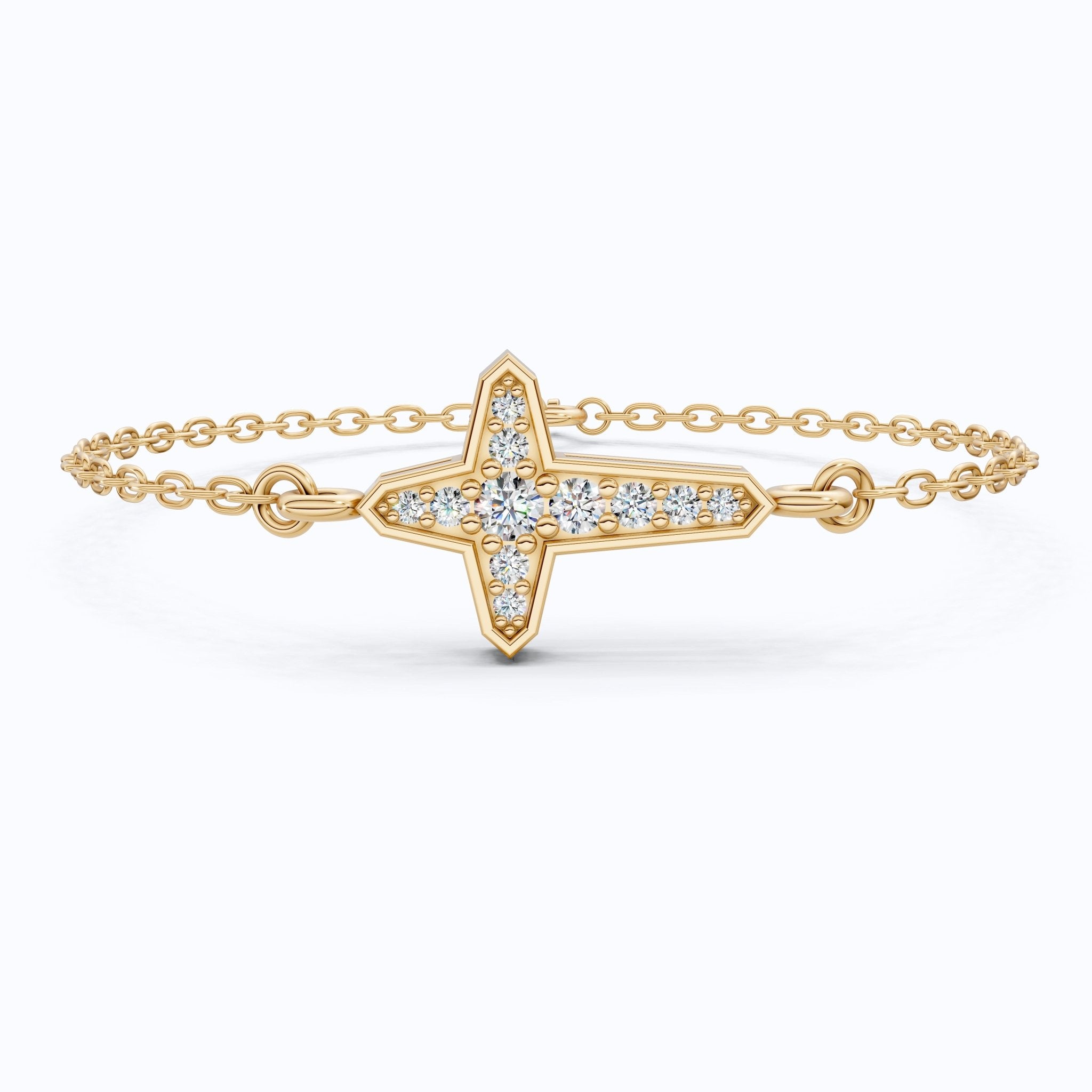 Slim Angular Cross Wedding Chain Bracelet in 14K Solid Gold, 0.12 TCW Round Cut Lab Grown Diamonds, Faith Jewelry, Gift for Her - Shoora Designs