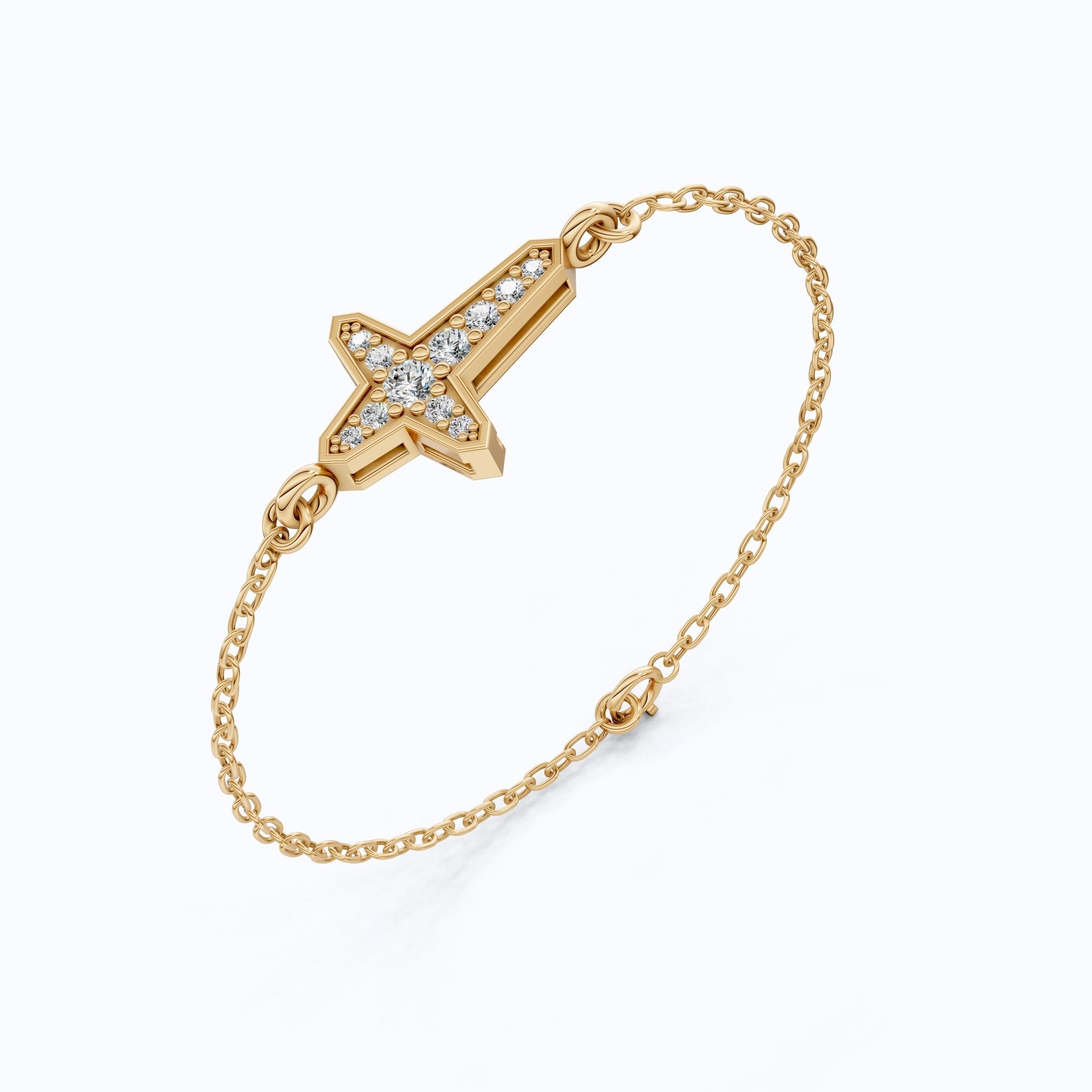 Slim Angular Cross Wedding Chain Bracelet in 14K Solid Gold, 0.12 TCW Round Cut Lab Grown Diamonds, Faith Jewelry, Gift for Her - Shoora Designs