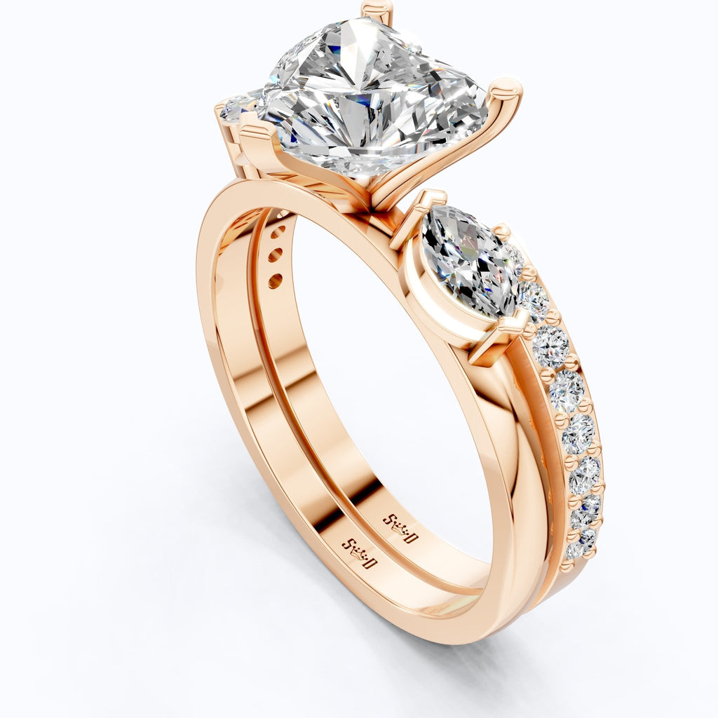 Solitaire Heart Cut Ring with Marquise Side Stones & Open Eternity Band Bridal Ring Set in 14k Solid Gold, 2.00 CT Heart Cut Lab Diamond, Bridal Set for Her - Shoora Designs