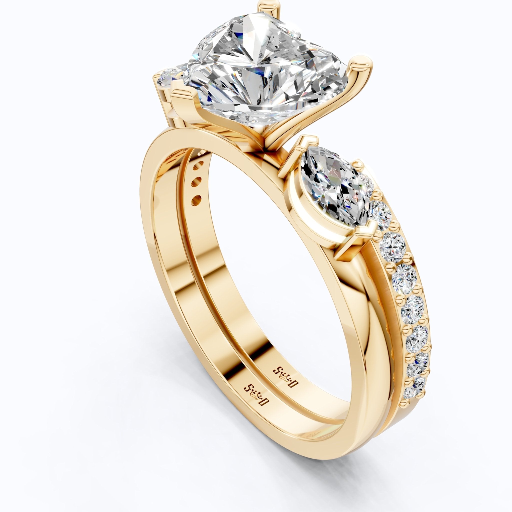 Solitaire Heart Cut Ring with Marquise Side Stones & Open Eternity Band Bridal Ring Set in 14k Solid Gold, 2.00 CT Heart Cut Lab Diamond, Bridal Set for Her - Shoora Designs