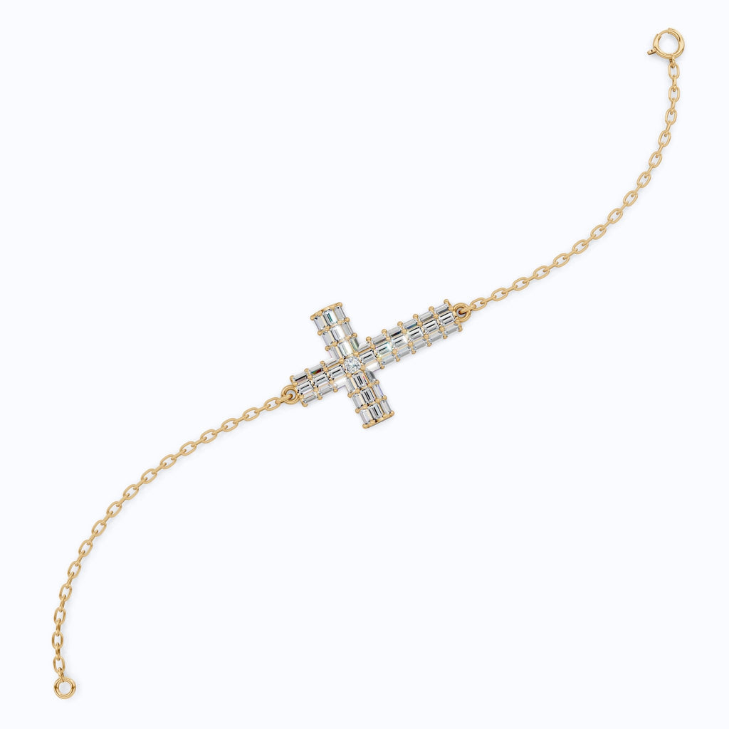 Sparkling Baguette Cluster Cross Bracelet in 14K Solid Gold, 1.80 TCW Baguette Cut Lab Created Diamonds, Stacking Bracelet, Bridal Jewelry, Wedding Gift for Her - Shoora Designs