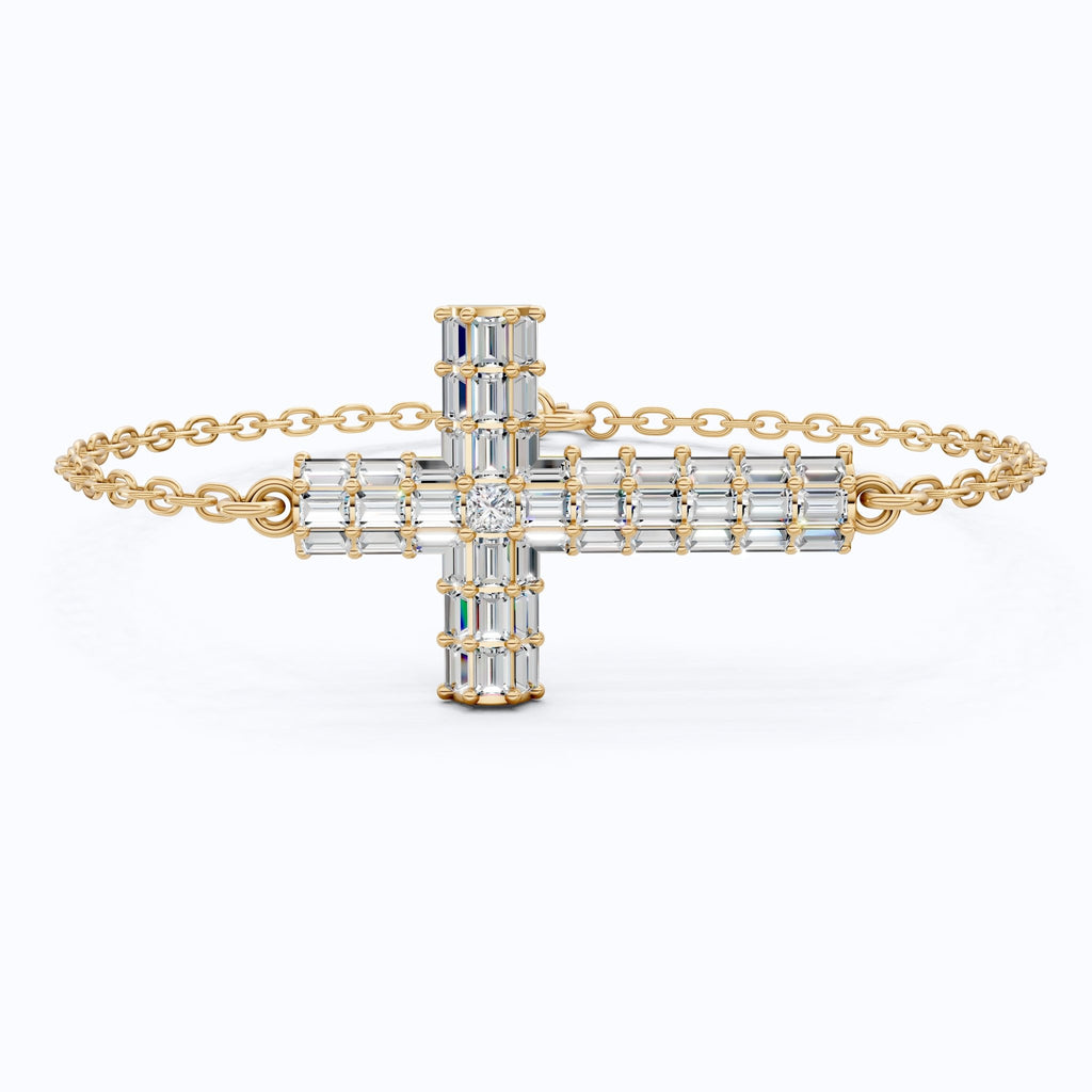 Sparkling Baguette Cluster Cross Bracelet in 14K Solid Gold, 1.80 TCW Baguette Cut Lab Created Diamonds, Stacking Bracelet, Bridal Jewelry, Wedding Gift for Her - Shoora Designs