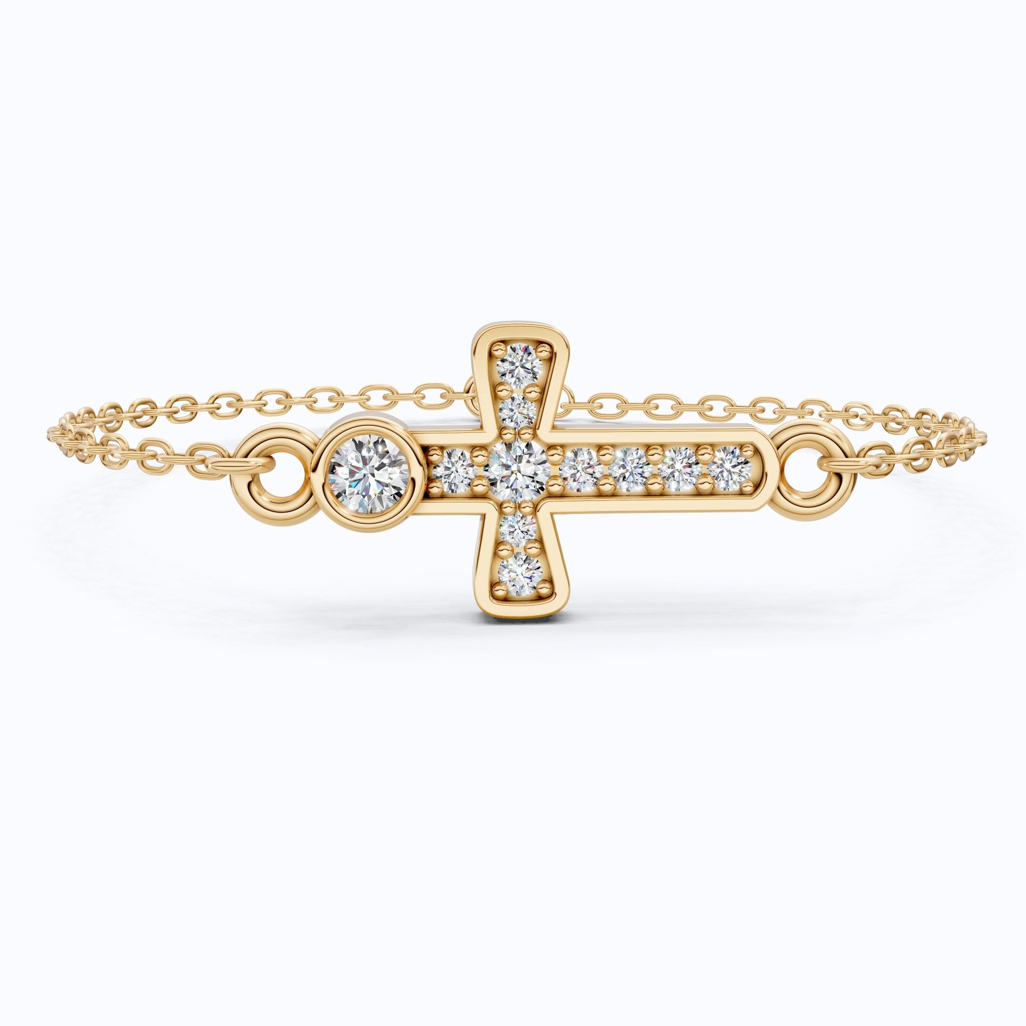 Sparkling Bezel and Cross Chain Bracelet in 14K Solid Gold, 0.13 TCW Round Cut Lab Created Diamonds, Birthday Gift For Her, Faith Jewelry - Shoora Designs