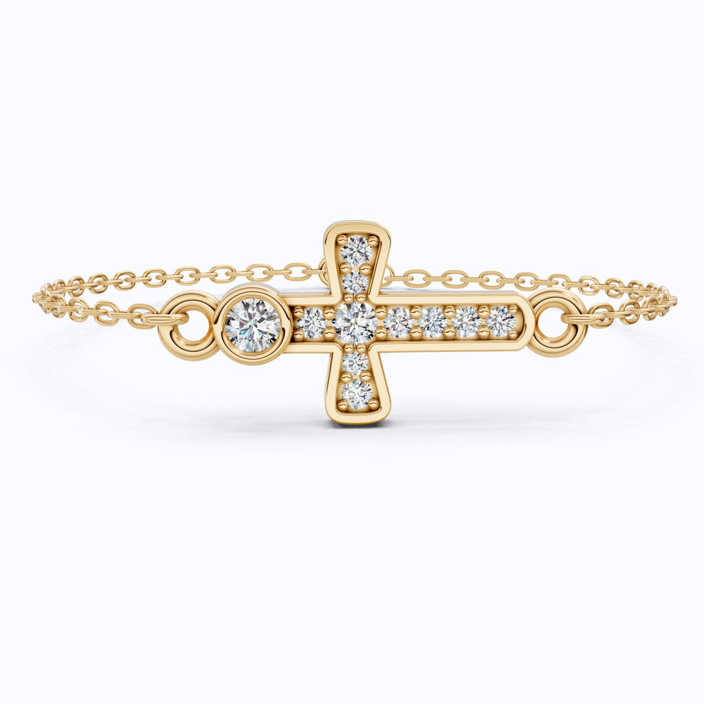 Sparkling Bezel and Cross Chain Bracelet in 14K Solid Gold, 0.13 TCW Round Cut Lab Created Diamonds, Birthday Gift For Her, Faith Jewelry - Shoora Designs