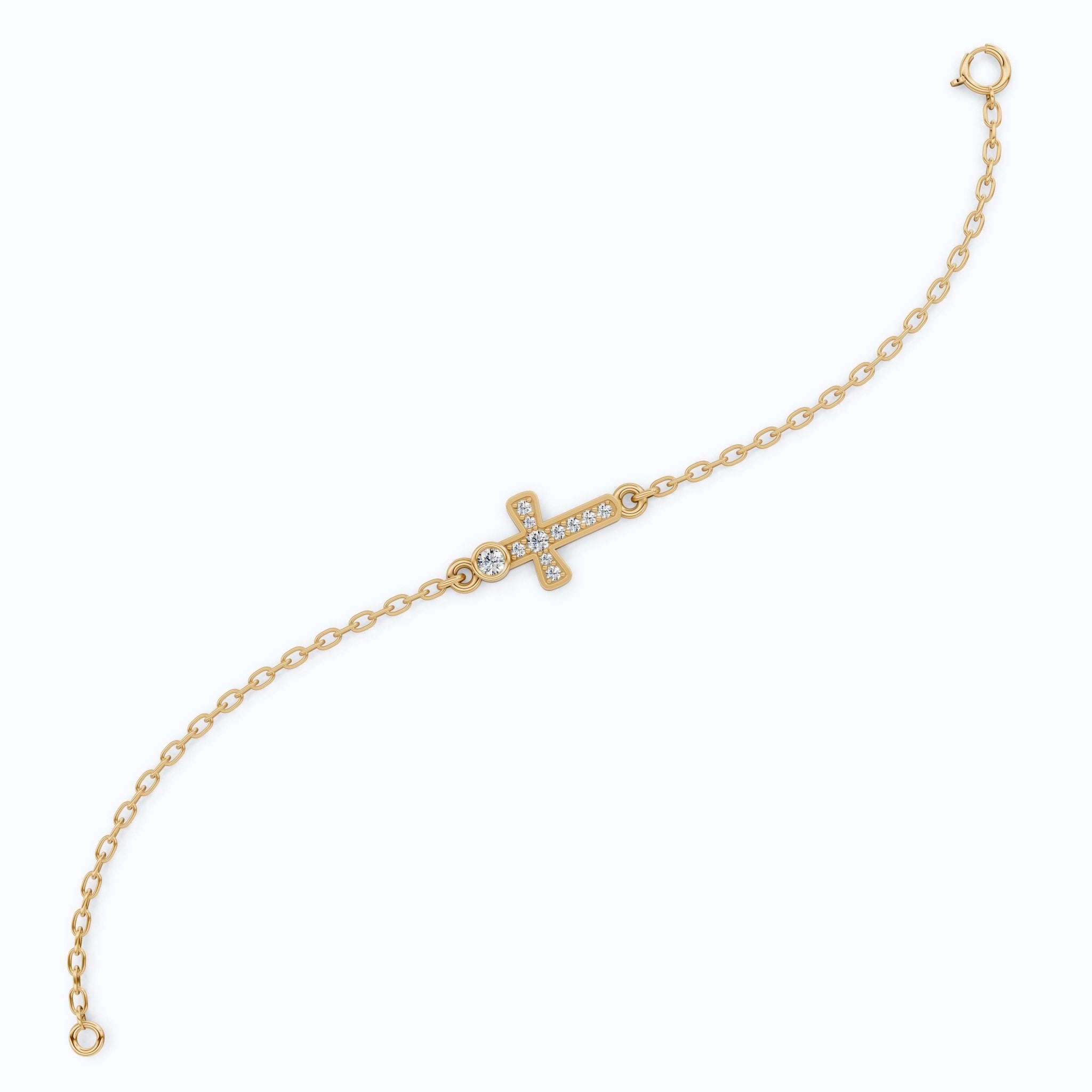 Sparkling Bezel and Cross Chain Bracelet in 14K Solid Gold, 0.13 TCW Round Cut Lab Created Diamonds, Birthday Gift For Her, Faith Jewelry - Shoora Designs