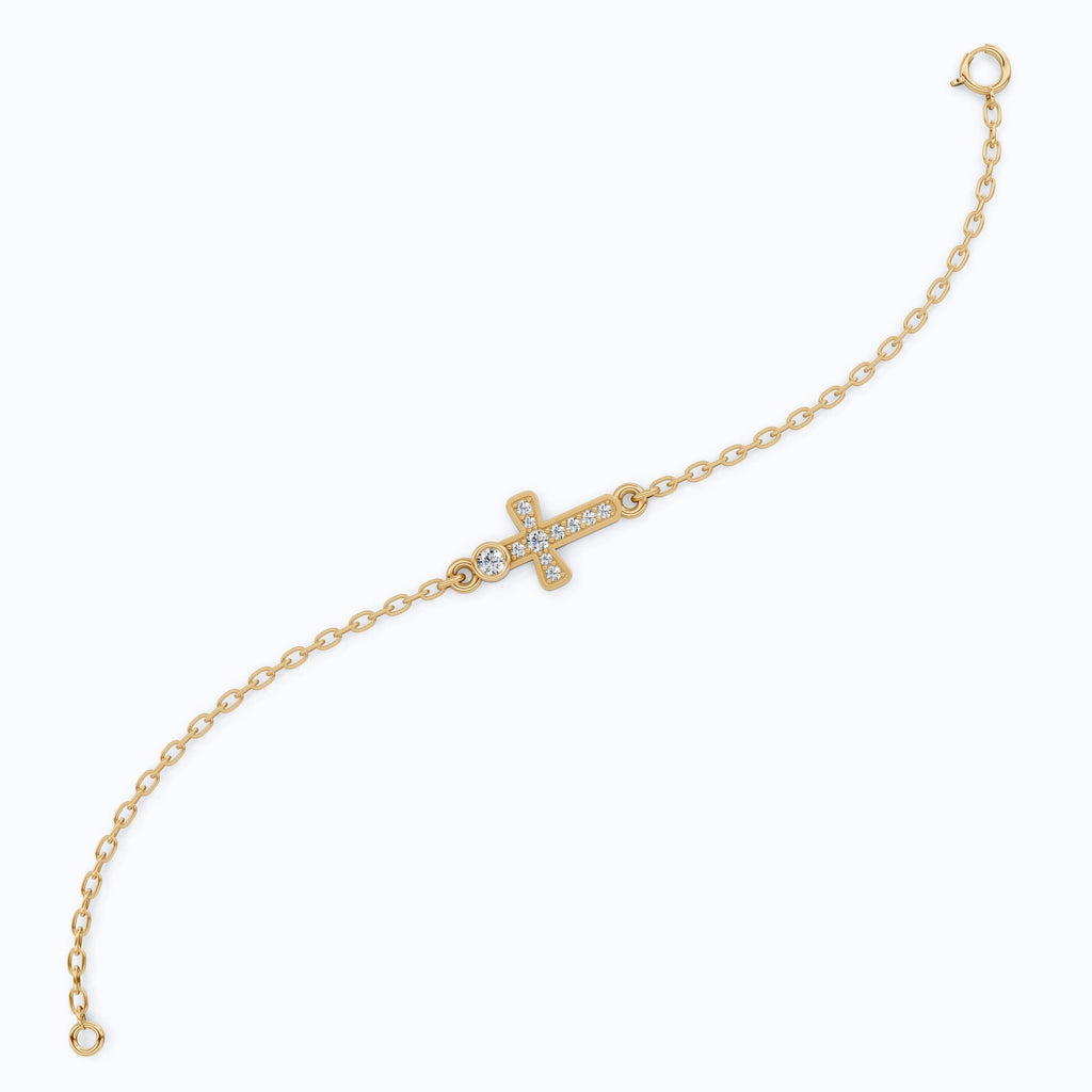 Sparkling Bezel and Cross Chain Bracelet in 14K Solid Gold, 0.13 TCW Round Cut Lab Created Diamonds, Birthday Gift For Her, Faith Jewelry - Shoora Designs