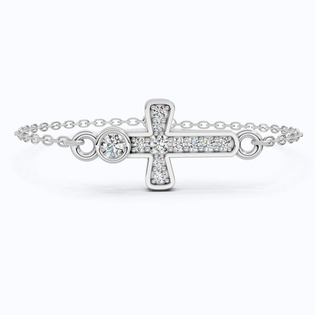 Sparkling Bezel and Cross Chain Bracelet in 14K Solid Gold, 0.13 TCW Round Cut Lab Created Diamonds, Birthday Gift For Her, Faith Jewelry - Shoora Designs