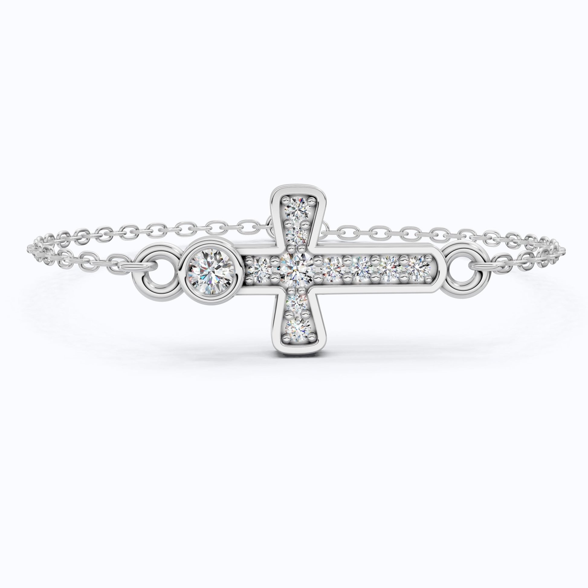 Sparkling Bezel and Cross Chain Bracelet in 14K Solid Gold, 0.13 TCW Round Cut Lab Created Diamonds, Birthday Gift For Her, Faith Jewelry - Shoora Designs